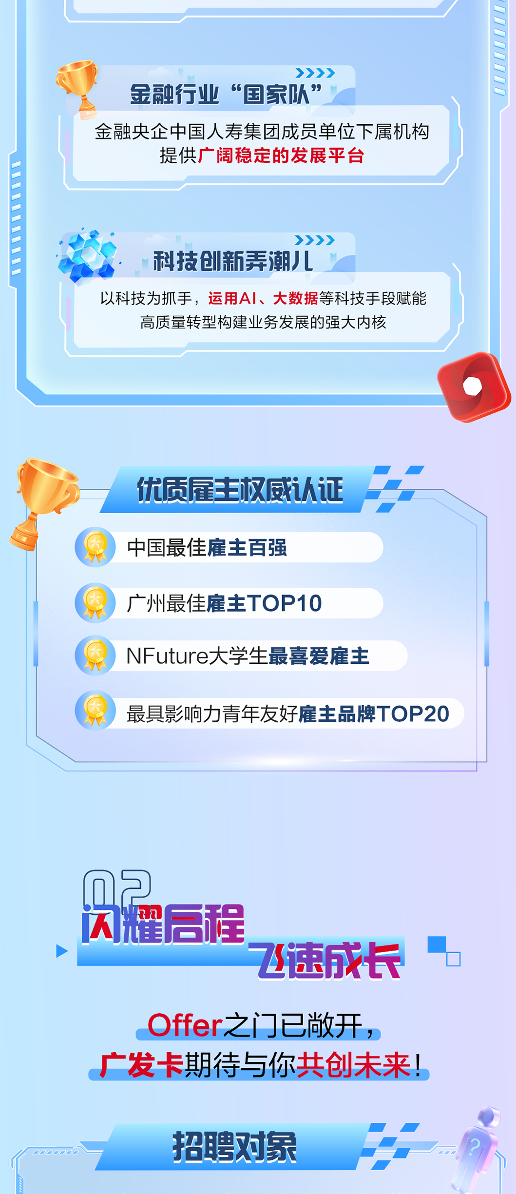 <p>》》</p>
<p>金融行业</p>
<p>&ldquo;国家队</p>
<p>金融央企中国人寿集团成员单位下属机构</p>
<p>提供广阔稳定的发展平台</p>
<p>>>>》</p>
<p>科技创新弄潮儿</p>
<p>以科技为抓手,运用A丨、大数据等科技手段赋能</p>
<p>高质量转型构建业务发展的强大内核</p>
<p>优质雇主权威认证</p>
<p>中国最佳雇主百强</p>
<p>广州最佳雇主TOP10</p>
<p>NFuture大学生最喜爱雇主</p>
<p>最具影响力青年友好雇主品牌TOP20</p>
<p>m2</p>
<p>肉耀合程</p>
<p>飞速成长</p>
<p>Offer之门已敞开</p>
<p>广发卡期待与你共创未来！</p>
<p>招聘对象</p>
