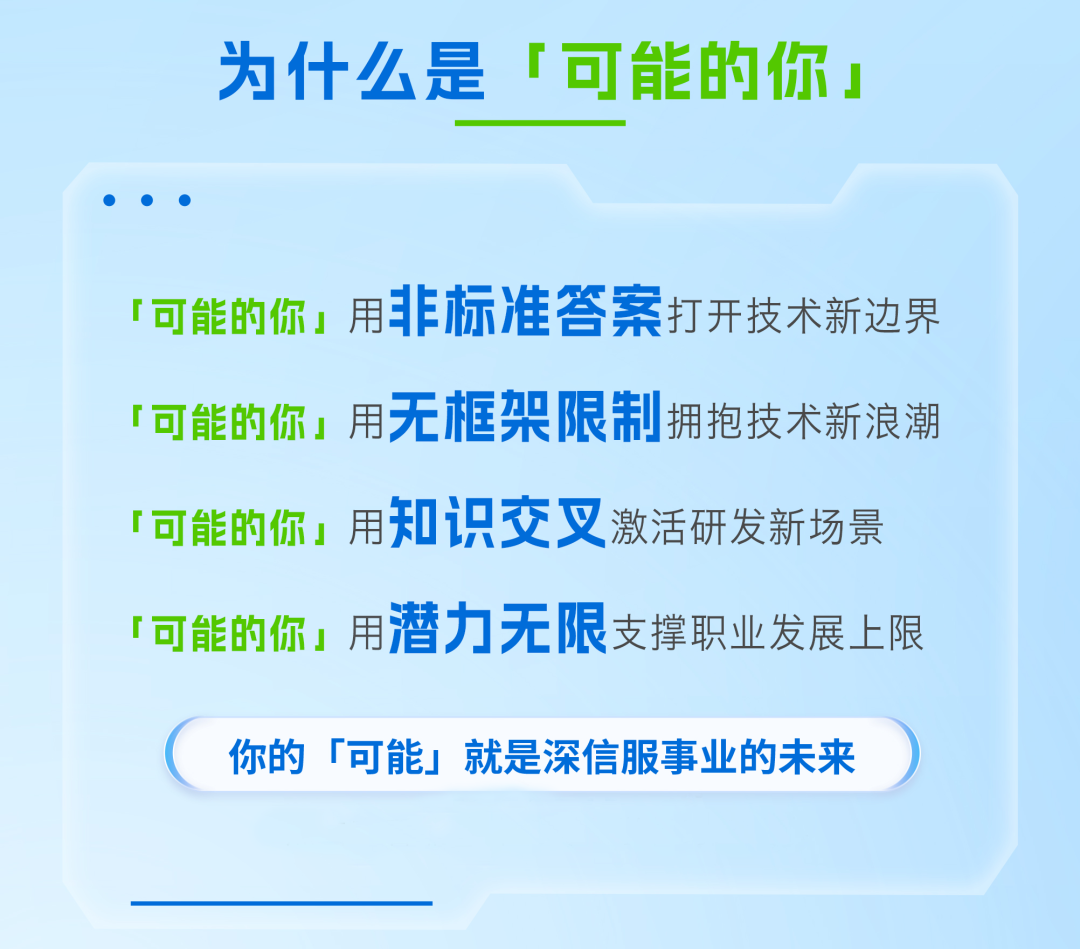 <p>为什么是</p>
<p>万能的你</p>
<p>可能的你」用王</p>
<p>非标准答案</p>
<p>打开技术新边界</p>
<p>「可能的你:用</p>
<p>无框架限制</p>
<p>拥抱技术新浪潮</p>
<p>「可能的你」</p>
<p>知识交叉</p>
<p>用</p>
<p>激活研发新场景</p>
<p>可能的你」用)</p>
<p>潜力无限</p>
<p>支撑职业发展上限</p>
<p>你的</p>
<p>「可能」</p>
<p>就是深信服事业的未来</p>
