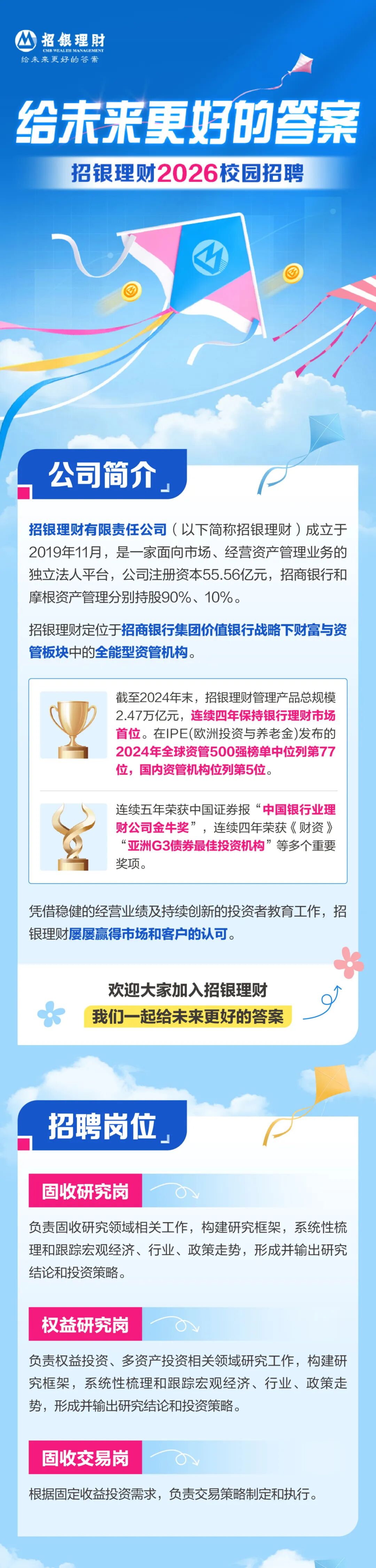 <p>招银理財</p>
<p>CMB WEALTH MANAGEMENT</p>
<p>给未来更好的答案</p>
<p>给未来更好的警案</p>
<p>招银理财2026校园招聘</p>
<p>公司简介</p>
<p>招银理财有限责任公司(以下简称招银理财）成立于</p>
<p>2019年11月，是一家面问市场、经营资产管理业务的</p>
<p>独立法人平台，公司注册资本55.56亿元,招商银行和</p>
<p>摩根资产管理分别持股90%、10%。</p>
<p>招银理财定位于招商银行集团价值银行战略下财富与资</p>
<p>管板块中的全能型资管机构</p>
<p>截至2024年末，招银理财管理产品总规模</p>
<p>2.47万亿元，连续四年保持银行理财市场</p>
<p>首位。在IPE(欧洲投资与养老金)发布的</p>
<p>2024年全球资管500强榜单中位列第77</p>
<p>位，国内资管机构位列第5位</p>
<p>连续五年荣获中国证券报</p>
<p>中国银行业理</p>
<p>财公司金牛奖&rdquo;，连续四年荣获《财资》</p>
<p>亚洲G3债券最佳投资机构</p>
<p>等多个重要</p>
<p>奖项。</p>
<p>凭借稳健的经营业绩及持续创新的投资者教育工作，招</p>
<p>银理财屡屡赢得市场和客户的认可</p>
<p>欢迎大家加入招银理财</p>
<p>我们一起给未来更好的答案</p>
<p>招聘岗位</p>
<p>固收研究岗</p>
<p>负责固收研究领域相关工作,构建研究框架，系统性梳</p>
<p>理和跟踪宏观经济、行业、政策走势，形成并输出研究</p>
<p>结论和投资策略。</p>
<p>权益研究岗</p>
<p>负责权益投资、多资产投资相关领域研究工作，构建研</p>
<p>究框架，系统性梳理和跟踪宏观经济、行业、政策走</p>
<p>势，形成并输出研究结论和投资策略。</p>
<p>固收交易岗</p>
<p>根据固定收益投资需求，负责交易策略制定和执行</p>
