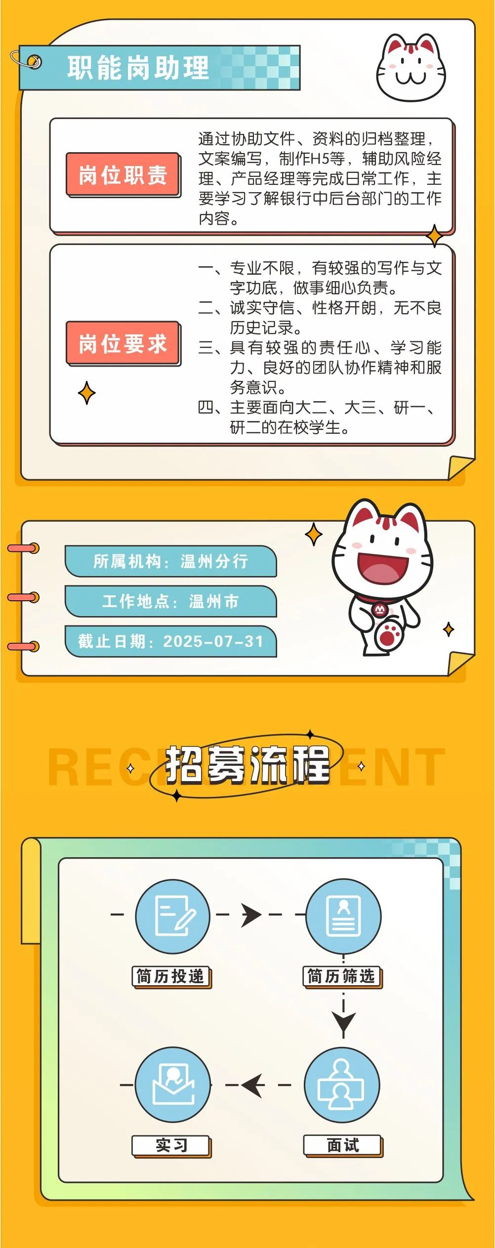 <p>职能岗助理</p>
<p>岗位职责</p>
<p>通过协助文件、资料的归档整理，<br/>文案编写，制作H5等，辅助风险经<br/>理、产品经理等完成日常工作，主<br/>要学习了解银行中后台部门的工作<br/>内容。</p>
<p>岗位要求</p>
<p>专业不限，有较强的写作与文<br/>字功底，做事细心负责。</p>
<p>二、诚实守信、性格开朗，无不良<br/>历史记录。</p>
<p>三、具有较强的责任心、学习能</p>
<p>力、良好的团队协作精神和服<br/>务意识。</p>
<p>四、主要面向大二、大三、研一、<br/>研二的在校学生。</p>
<p>所属机构:温州分行<br/>工作地点:温州市<br/>截止日期:2025-07-31</p>
<p>RE、招募流程</p>
<p>简历投递</p>
<p>简历筛选</p>
<p>实习</p>
<p>面试</p>
