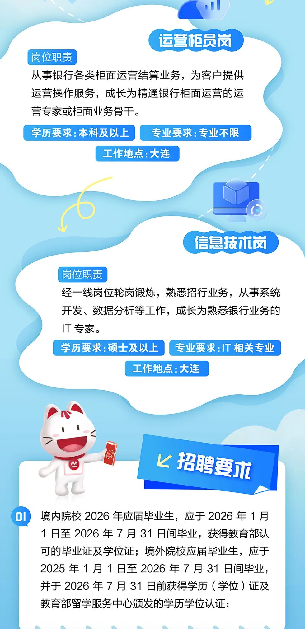 <p>运营柜员岗</p>
<p>岗位职责</p>
<p>从事银行各类柜面运营结算业务，为客户提供</p>
<p>运营操作服务，成长为精通银行柜面运营的运</p>
<p>营专家或柜面业务骨干。</p>
<p>学历要求：本科及以上</p>
<p>专业要求：专业不限</p>
<p>工作地点：大连</p>
<p>信息技术岗</p>
<p>岗位职责</p>
<p>经一线岗位轮岗锻炼，熟悉招行业务，从事系统</p>
<p>开发、数据分析等工作，成长为熟悉银行业务的</p>
<p>T专家。</p>
<p>学历要求:硕士及以上</p>
<p>专业要求：T相关专业</p>
<p>工作地点：大连</p>
<p>招聘要术</p>
<p>1</p>
<p>01</p>
<p>境内院校2026年应届毕业生,应于2026年1月</p>
<p>1日至2026年7月31日间毕业，获得教育部认</p>
<p>可的毕业证及学位证；境外院校应届毕业生，应于</p>
<p>2025年1月1日至2026年7月31日间毕业，</p>
<p>并于 2026年7月31日前获得学历（学位)证及</p>
<p>教育部留学服务中心颁发的学历学位认证：</p>
