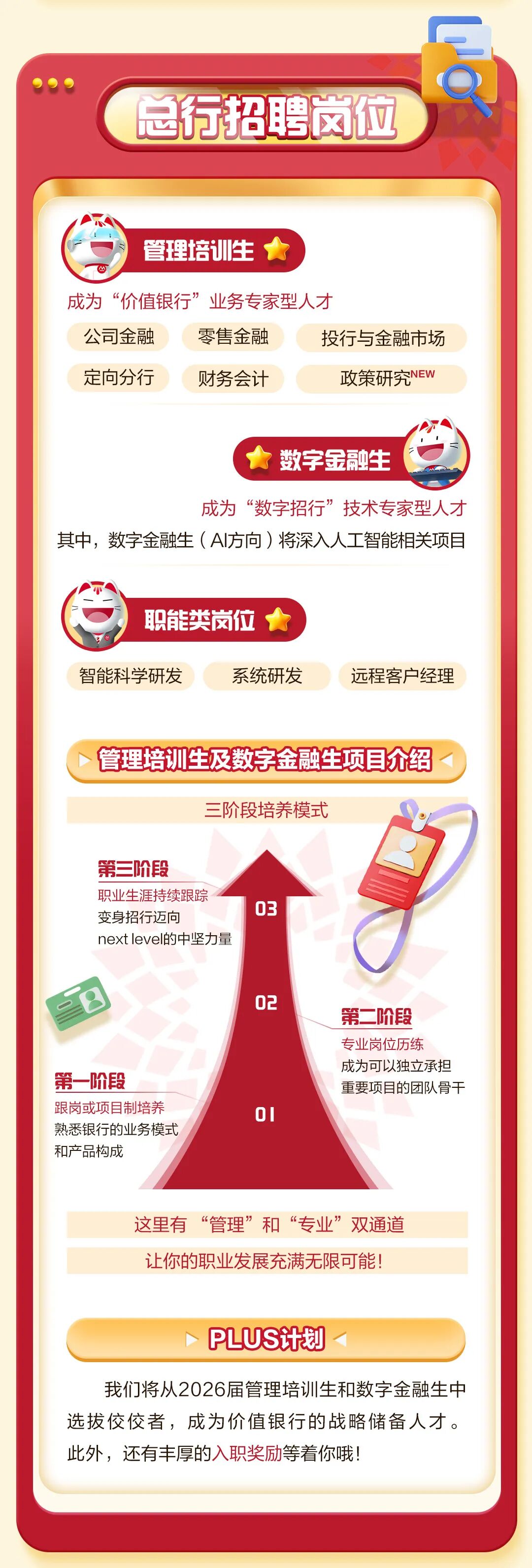 <p>总行招聘岗位</p>
<p>管理培训生</p>
<p>M</p>
<p>成为“价值银行”</p>
<p>业务专家型人才</p>
<p>公司金融</p>
<p>零售金融</p>
<p>投行与金融市场</p>
<p>定向分行</p>
<p>财务会计</p>
<p>政策研究EW</p>
<p>数字金融生</p>
<p>成为</p>
<p>“数字招行”</p>
<p>技术专家型人才</p>
<p>其中，数字金融生（(Al方向）将深入人工智能相关项目</p>
<p>职能类岗位</p>
<p>智能科学研发</p>
<p>系统研发</p>
<p>远程客户经理</p>
<p>管理培训生及数字金融生项目介绍</p>
<p>三阶段培养模式</p>
<p>第三价段</p>
<p>职业生涯持续跟踪</p>
<p>03</p>
<p>变身招行迈向</p>
<p>next level的中坚力量</p>
<p>02</p>
<p>第二价段</p>
<p>专业岗位历练</p>
<p>成为可以独立承担</p>
<p>第一价段</p>
<p>重要项目的团队骨干</p>
<p>跟岗或项目制培养</p>
<p>01</p>
<p>熟悉银行的业务模式</p>
<p>和产品构成</p>
<p>这里有</p>
<p>“管理”和“专业”</p>
<p>双通道</p>
<p>让你的职业发展充满无限可能</p>
<p>PLUS计划</p>
<p>我们将从2026届管理培训生和数字金融生中</p>
<p>选拔俊校者，成为价值银行的战略储备人才。</p>
<p>此外，还有丰厚的入职奖励等着你哦!</p>
