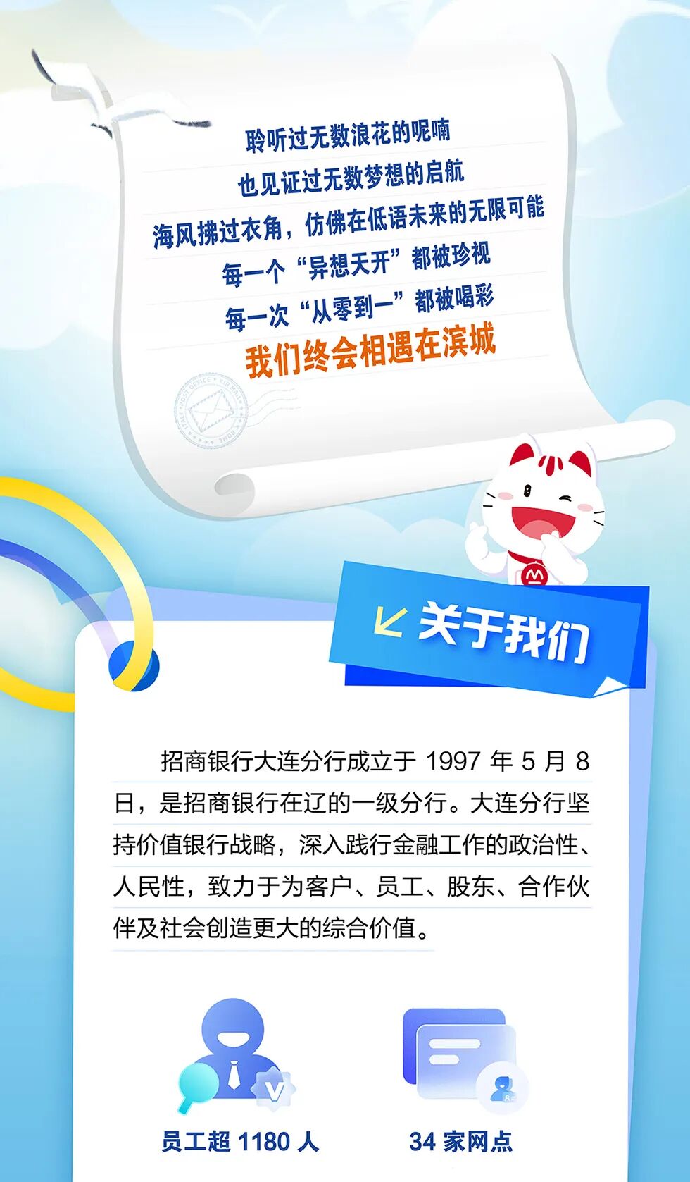 <p>聆听过无数浪花的呢喃</p>
<p>也见证过无数梦想的启航</p>
<p>海风拂过衣角,仿佛在低语未来的无限可能</p>
<p>都被珍视</p>
<p>每一个&ldquo;异想天开&rdquo;</p>
<p>都被喝彩</p>
<p>每一次&ldquo;从零到一&rdquo;</p>
<p>我们终会相遇在滨城</p>
<p>忆关于我们</p>
<p>招商银行大连分行成立于1997年5月8</p>
<p>日，是招商银行在辽的一级分行。大连分行坚</p>
<p>持价值银行战略，深入践行金融工作的政治性、</p>
<p>人民性，致力于为客户、员工、股东、合作伙</p>
<p>伴及社会创造更大的综合价值。</p>
<p>员工超1180人</p>
<p>34家网点</p>
