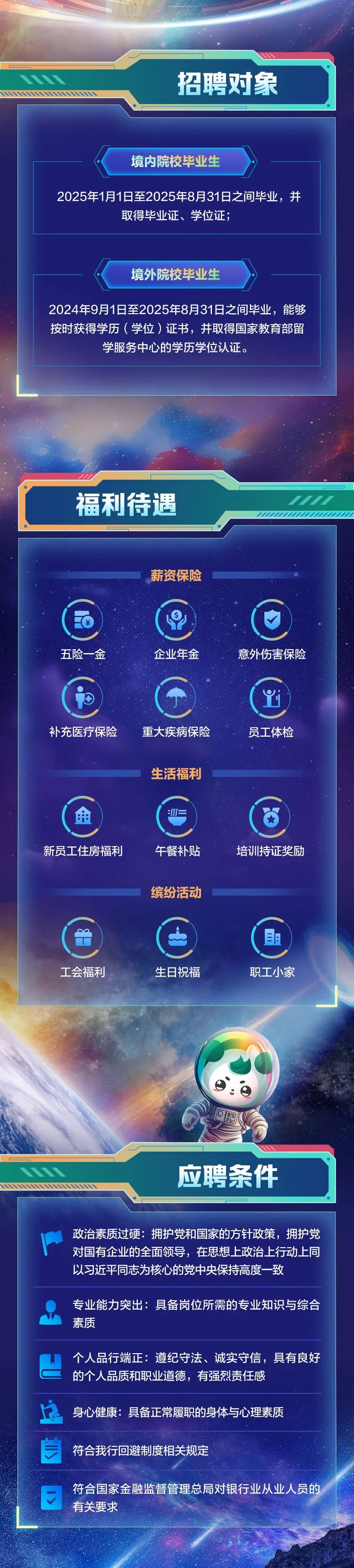 <p>招聘对象</p>
<p>境内院校毕业生</p>
<p>2025年1月1日至2025年8月31日之间毕业,并</p>
<p>取得毕业证、学位证;</p>
<p>境外院校毕业生</p>
<p>2024年9月1日至2025年8月31日之间毕业,能够</p>
<p>按时获得学历(学位)证书,并取得国家教育部留</p>
<p>学服务中心的学历学位认证。</p>
<p>C福利待遇/</p>
<p>薪资保险</p>
<p>西</p>
<p>五险一金企业年金意外伤害保险</p>
<p>⑦(Y</p>
<p>补充医疗保险重大疾病保险员工体检</p>
<p>生活福利</p>
<p>金:((=(</p>
<p>新员工住房福利午餐补贴培训持证奖励</p>
<p>缤纷活动</p>
<p>且</p>
<p>工会福利生日祝福职工小家</p>
<p>应聘条件</p>
<p>政治素质过硬:拥护党和国家的方针政策,拥护党</p>
<p>对国有企业的全面领导,在思想上政治上行动上同</p>
<p>以习近平同志为核心的党中央保持高度一致</p>
<p>专业能力突出:具备岗位所需的专业知识与综合</p>
<p>素质</p>
<p>E个人品行端正:遵纪守法、诚实守信,具有良好</p>
<p>的个人品质和职业道德,有强烈责任感</p>
<p>字身心健康:具备正常履职的身体与心理素质</p>
<p>自符合我行回避制度相关规定</p>
<p>5符合国家金融监督管理总局对银行业从业人员的</p>
<p>有关要求</p>
