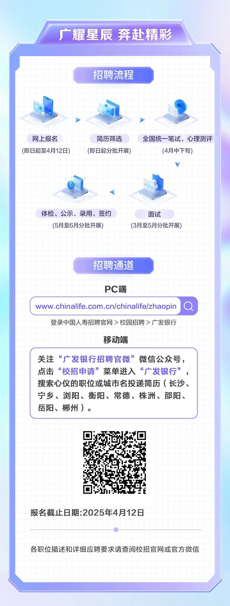 <p>广耀星辰奔赴精彩</p>
<p>招聘流程</p>
<p>网上报名</p>
<p>(即日起至4月12日)</p>
<p>简历筛选<br/>(即日起分批开展</p>
<p>全国统一笔试、心理测评</p>
<p>(4月中下旬)</p>
<p>体检、公示、录用、签约</p>
<p>(5月至6月分批开展)</p>
<p>面试</p>
<p>(3月至5月分批开展</p>
<p>招聘通道</p>
<p>PC端</p>
<p>www.chinalife.com.cn/chinalife/zhaopin</p>
<p>登录中国人寿招聘官网>校园招聘>广发银行</p>
<p>移动端</p>
<p>关注“广发银行招聘官微”微信公众号，<br/>点击“校招申请”菜单进入“广发银行”<br/>搜索心仪的职位或城市名投递简历(长沙、<br/>宁乡、浏阳、衡阳、常德、株洲、邵阳、<br/>岳阳、郴州)。</p>
<p>报名截止日期:2025年4月12日</p>
<p>各职位描述和详细应聘要求请查阅校招官网或官方微信</p>
