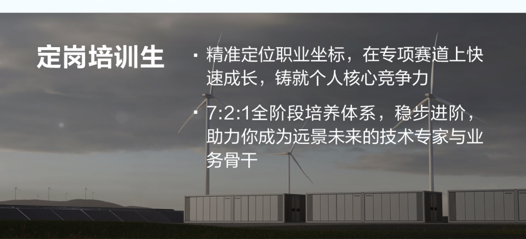<p>定岗培训生</p>
<p>精准定位职业坐标，在专项赛道上快</p>
<p>速成长，铸就个人核心竞争力</p>
<p>7:2:1全阶段培养体系，稳步进价</p>
<p>助力你成为远景未来的技术专家与业</p>
<p>务骨干</p>
