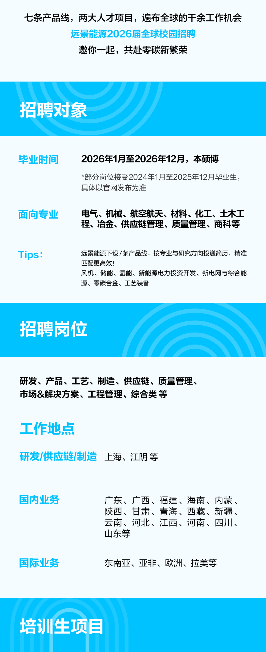 <p>七条产品线，两大人才项目，遍布全球的干余工作机会</p>
<p>远景能源2026届全球校园招聘</p>
<p>邀你一起，共赴零碳新繁荣</p>
<p>招聘对象</p>
<p>毕业时间</p>
<p>2026年1月至2026年12月，本硕博</p>
<p>部分岗位接受2024年1月至2025年12月毕业生，</p>
<p>具体以官网发布为准</p>
<p>面向专业</p>
<p>电气、机械、航空航天、材料、化工、土木工</p>
<p>程、冶金、供应链管理、质量管理、商科等</p>
<p>Tips:</p>
<p>远景能源下设7条产品线，按专业与研究方向投递简历，精准</p>
<p>匹配更高效!</p>
<p>风机、储能、氢能、新能源电力投资开发、新电网与综合能</p>
<p>源、零碳合金、工艺装备</p>
<p>招聘岗位</p>
<p>研发、产品、工艺、制造、供应链、质量管理、</p>
<p>市场&解决方案、工程管理、综合类等</p>
<p>工作地点</p>
<p>研发/供应链/制造</p>
<p>上海、江阴等</p>
<p>国内业务</p>
<p>广东、广西、福建、海南、内蒙、</p>
<p>陕西、甘肃、青海、西藏、新疆、</p>
<p>云南、河北、江西、河南、四川、</p>
<p>山东等</p>
<p>国际业务</p>
<p>东南亚、亚非、欧洲、拉美等</p>
<p>培训生项目</p>
