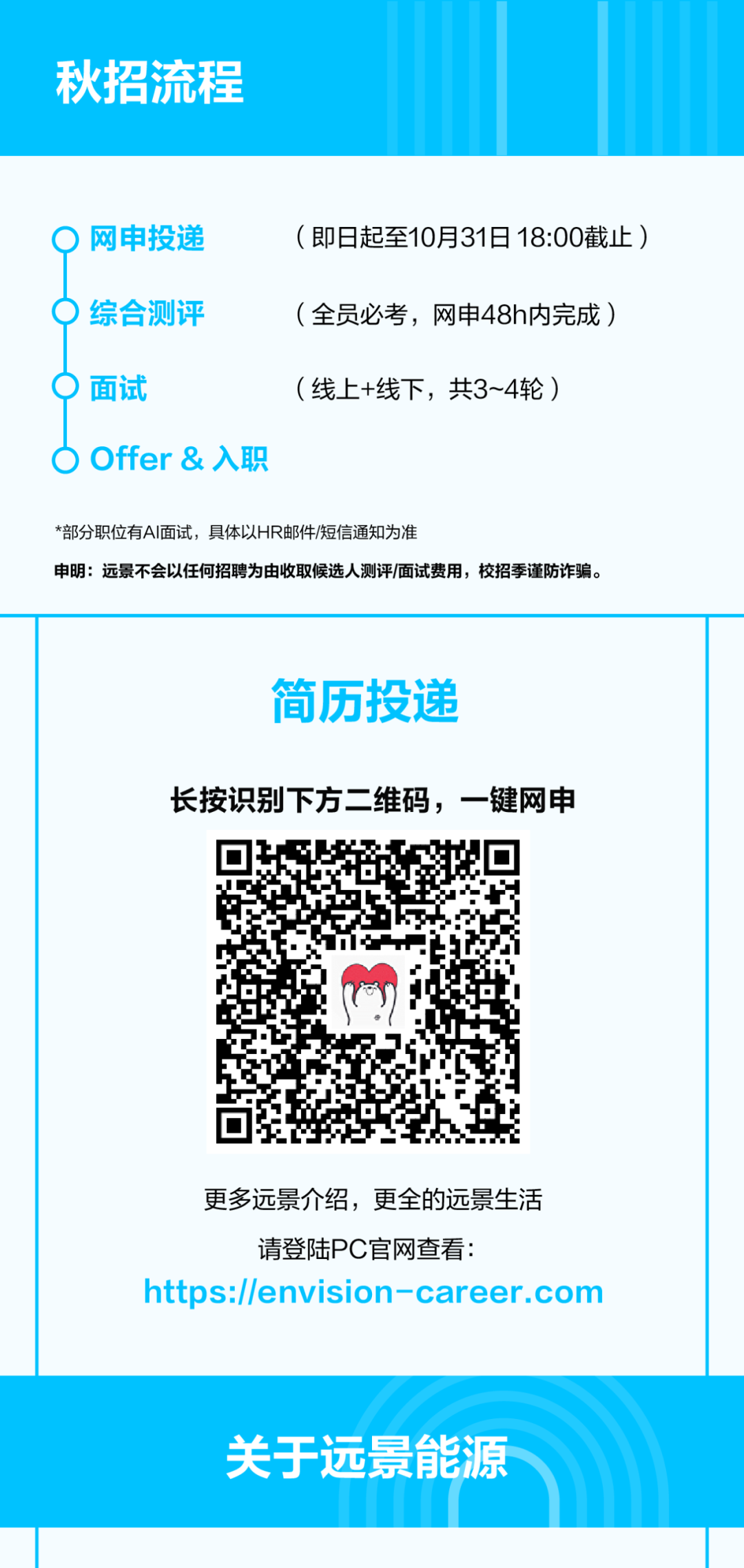 <p>秋招流程</p>
<p>网申投递</p>
<p>(即日起至10月31日18:00截止）</p>
<p>综合测评</p>
<p>(全员必考，网申48h内完成）</p>
<p>面试</p>
<p>(线上+线下，共3~4轮）</p>
<p>Offer&入职</p>
<p>*部分职位有AI面试，具体以HR邮件/短信通知为准</p>
<p>申明：远景不会以任何招聘为由收取候选人测评/面试费用，校招季谨防诈骗。</p>
<p>简历投递</p>
<p>长按识别下方二维码，一键网申</p>
<p>更多远景介绍，更全的远景生活</p>
<p>请登陆PC官网查看：</p>
<p>https://envision-career.com</p>
<p>关于远景能源</p>
