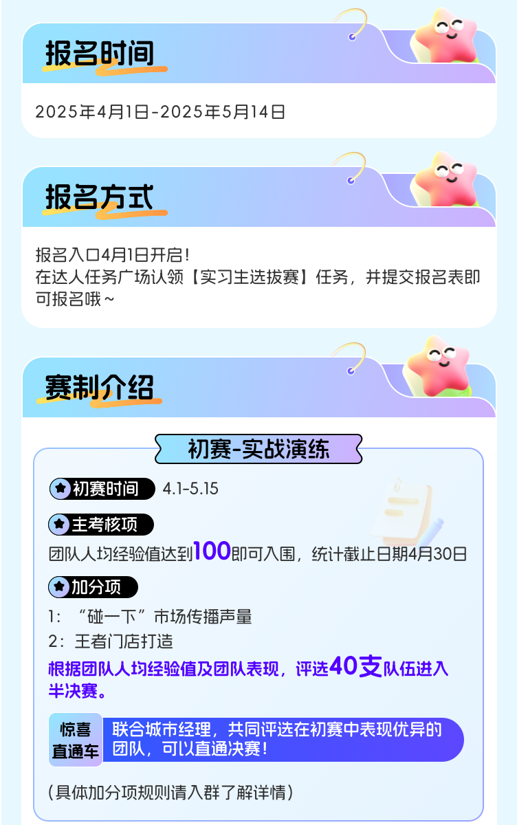 <p>报名时间</p>

<table>
<tr><td>2025年4月1日-2025年5月14日</td>
</tr>
<tr><td>报名方式 .</td>
</tr>
<tr><td>报名入☐4月1日开启!在达人任务广场认领[实习生选拔赛]任务,并提交报名表即可报名哦~</td>
</tr>
<tr><td>.赛制介绍 .</td>
</tr>
<tr><td>初赛-实战演练了初赛时间) ) 4.1-5.15 主考核项 ,团队人均经验值达到100即可入围,统计截止日期4月30日 加分项1: “碰一下”市场传播声量2:王者]店打造根据团队人均经验值及团队表现,评选40支队伍进入半决赛。惊喜 联合城市经理,共同评选在初赛中表现优异的直通车团队,可以直通决赛(具体加分项规则请入群了解详情)</td>
</tr>
</table>
