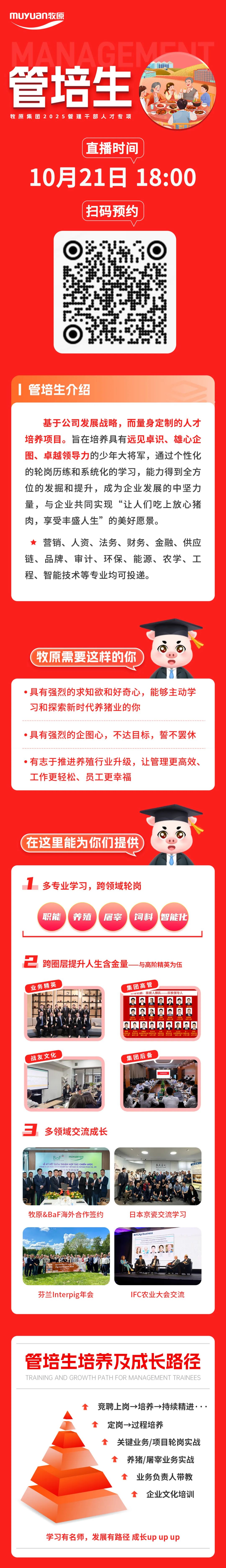 <p>muyuan牧原</p>
<p>管培生<br/>牧原集团2025管理干部人才专项</p>
<p>直播时间</p>
<p>10月21日18:00</p>
<p>扫码预约</p>
<p>管培生介绍</p>
<p>基于公司发展战略，而量身定制的人才<br/>培养项目。旨在培养具有远见卓识、雄心企<br/>图、卓越领导力的少年大将军，通过个性化<br/>的轮岗历练和系统化的学习，能力得到全方<br/>位的发掘和提升，成为企业发展的中坚力<br/>量，与企业共同实现&ldquo;让人们吃上放心猪<br/>肉，享受丰盛人生&rdquo;的美好愿景。</p>
<p>营销、人资、法务、财务、金融、供应<br/>链、品牌、审计、环保、能源、农学、工<br/>程、智能技术等专业均可投递。</p>
<p>牧原需要这样的你</p>
<p>具有强烈的求知欲和好奇心，<br/>能够主动学<br/>习和探索新时代养猪业的你</p>
<p>具有强烈的企图心，不达目标，誓不罢休</p>
<p>有志于推进养殖行业升级，让管理更高效、<br/>工作更轻松、员工更幸福</p>
<p>在这里能为你们提供</p>
<p>1<br/>多专业学习，跨领域轮岗<br/>职能</p>
<p>养殖</p>
<p>屠宰</p>
<p>饲料</p>
<p>智能化</p>
<p>2<br/>跨圈层提升人生含金量一与高阶精英为伍</p>
<p>业务精英</p>
<p>集团高管</p>
<p>理刨新:接班人梯队</p>
<p>双核领导人</p>
<p>(</p>
<p> </p>
<p>年人教</p>
<p>只 </p>
<p>战友文化</p>
<p>集团后备</p>
<p>3<br/>多领域交流成长</p>
<p>BaF</p>
<p>muyuan收</p>
<p>LE KY KET THOA THUAN HQP TAC CHIENLUOC<br/>coNawc6Pni<br/>ONOHP BAP VIT NAMVA MUYUAN FOO0 CO.TD</p>
<p>合作<br/>约仪式</p>
<p>牧原&BaF海外合作签约</p>
<p>日本京瓷交流学习</p>
<p>#IFCAgribusiness</p>
<p>o04t1</p>
<p>芬兰Interpig年会</p>
<p>IFC农业大会交流</p>
<p>管培生培养及成长路径<br/>TRAINING AND GROWTH PATH FOR MANAGEMENT TRAINEES</p>
<p>竞聘上岗&rarr;>培养&rarr;>持续精进...<br/>定岗&rarr;过程培养</p>
<p>关键业务/项目轮岗实战</p>
<p>养猪/屠宰业务实战</p>
<p>业务负责人带教</p>
<p>企业文化培训</p>
<p>学习有名师，发展有路径成长up upup</p>
