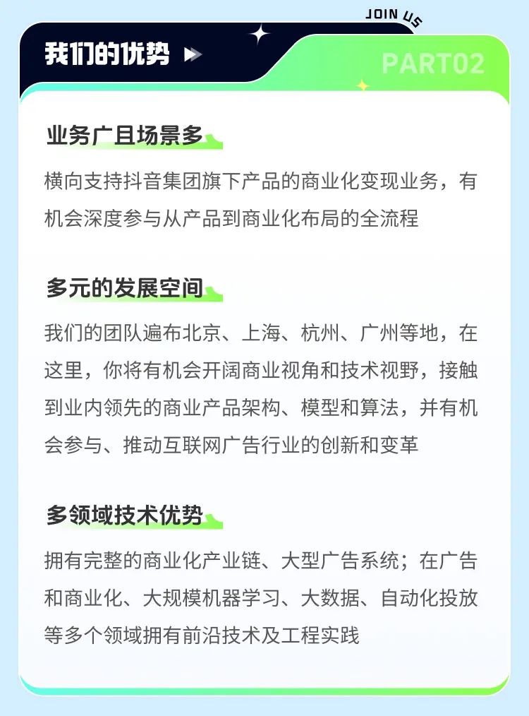 <p>我们的优势</p>
<p>JOINUS</p>
<p>PARTO2</p>
<p>业务广且场景多</p>
<p>横向支持抖音集团旗下产品的商业化变现业务，有<br/>机会深度参与从产品到商业化布局的全流程</p>
<p>多元的发展空间</p>
<p>我们的团队遍布北京、上海、杭州、广州等地，在<br/>这里，你将有机会开阔商业视角和技术视野，接触<br/>到业内领先的商业产品架构、模型和算法，并有机<br/>会参与、推动互联网广告行业的创新和变革</p>
<p>多领域技术优势</p>
<p>拥有完整的商业化产业链、大型广告系统;在广告<br/>和商业化、大规模机器学习、大数据、自动化投放<br/>等多个领域拥有前沿技术及工程实践</p>
