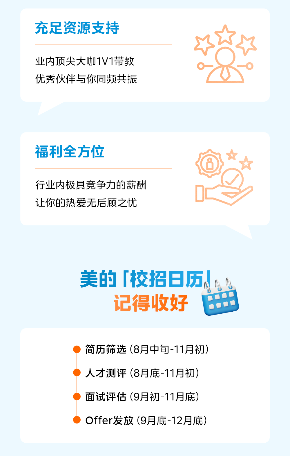 <p>充足资源支持</p>
<p>业内顶尖大咖11带教</p>
<p>优秀伙伴与你同频共振</p>
<p>福利全方位</p>
<p>行业内极具竞争力的薪酬</p>
<p>让你的热爱无后顾之忧</p>
<p>美的校招日历</p>
<p>记得收好</p>
<p>简历筛选(8月中包-11月初)</p>
<p>人才测评（8月底-11月初</p>
<p>面试评估(9月初-11月底)</p>
<p>Offer发放(9月底-12月底)</p>
