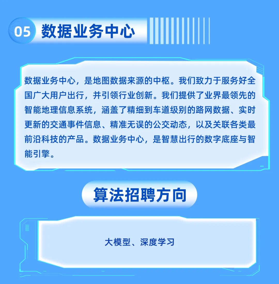 <p>05</p>
<p>数据业务中心</p>
<p>数据业务中心,是地图数据来源的中枢。我们致力于服务好全<br/>国广大用户出行，并引领行业创新。我们提供了业界最领先的<br/>智能地理信息系统，涵盖了精细到车道级别的路网数据、实时<br/>更新的交通事件信息、精准无误的公交动态,以及关联各类最<br/>前沿科技的产品。数据业务中心，是智慧出行的数字底座与智<br/>能引擎。</p>
<p>算法招聘方向</p>
<p>大模型、深度学习</p>
