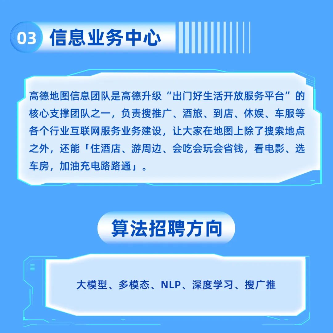 <p>03</p>
<p>信息业务中心</p>
<p>高德地图信息团队是高德升级“出门好生活开放服务平台”的<br/>核心支撑团队之一，负责搜推广、酒旅、到店、休娱、车服等<br/>各个行业互联网服务业务建设，让大家在地图上除了搜索地点<br/>之外，还能「住酒店、游周边、会吃会玩会省钱，看电影、选<br/>车房,加油充电路路通。</p>
<p>算法招聘方向</p>
<p>大模型、多模态、NLP、深度学习、搜广推</p>
