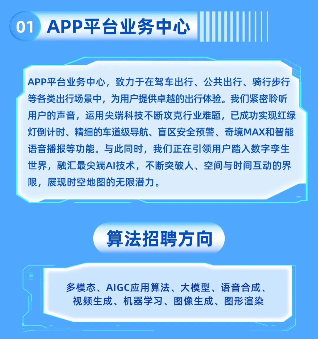 <p>01APP平台业务中心</p>
<p>APP平台业务中心,<br/>致力于在驾车出行、公共出行、骑行步行<br/>等各类出行场景中，为用户提供卓越的出行体验。我们紧密聆听<br/>用户的声音，运用尖端科技不断攻克行业难题，已成功实现红绿<br/>灯倒计时、精细的车道级导航、盲区安全预警、奇境MAX和智能<br/>语音播报等功能。与此同时，我们正在引领用户踏入数字孪生<br/>世界，融汇最尖端AI技术，不断突破人、空间与时间互动的界<br/>限，展现时空地图的无限潜力。</p>
<p>算法招聘方向</p>
<p>多模态、AIGC应用算法、大模型、语音合成、<br/>视频生成、机器学习、图像生成、图形渲染</p>
