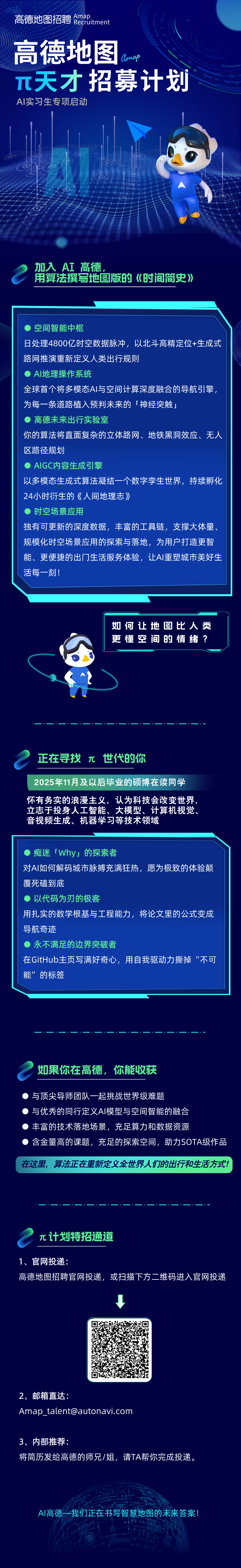 <p>高德地图招聘ACitmentAmap</p>
<p>高德地图</p>
<p>CImap</p>
<p> 天才招募计划</p>
<p>AI实习生专项启动</p>
<p>加入AI高德,</p>
<p>2用算法撰写地图版的《时间简史》</p>
<p> 空间智能中枢</p>
<p>日处理4800亿时空数据脉冲,以北斗高精定位+生成式</p>
<p>路网推演重新定义人类出行规则</p>
<p>AI地理操作系统</p>
<p>全球首个将多模态AI与空间计算深度融合的导航引擎,</p>
<p>为每一条道路植入预判未来的「神经突触」</p>
<p> 高德未来出行实验室</p>
<p>你的算法将直面复杂的立体路网、地铁黑洞效应、无人</p>
<p>区路径规划</p>
<p> AIGC内容生成引擎</p>
<p>以多模态生成式算法凝结一个数字孪生世界,持续孵化</p>
<p>24小时衍生的《《人间地理志》</p>
<p>时空场景应用</p>
<p>独有可更新的深度数据,丰富的工具链,支撑大体量、</p>
<p>规模化时空场景应用的探索与落地,为用户打造更智</p>
<p>能、更便捷的出门生活服务体验,让AI重塑城市美好生</p>
<p>活每一刻!</p>
<p>如何让地图比人类</p>
<p>更懂空间的情绪?</p>
<p>a正在寻找 世代的你</p>
<p>2025年11月及以后毕业的硕博在读同学</p>
<p>怀有务实的浪漫主义,认为科技会改变世界,</p>
<p>立志于投身人工智能、大模型、计算机视觉、</p>
<p>音视频生成、机器学习等技术领域</p>
<p>)痴迷TWhy」的探索者</p>
<p>对AI如何解码城市脉搏充满狂热,愿为极致的体验颠</p>
<p>覆死磕到底</p>
<p>以代码为刃的极客</p>
<p>用扎实的数学根基与工程能力,将论文里的公式变成</p>
<p>导航奇迹</p>
<p> 永不满足的边界突破者</p>
<p>在GitHub:主页写满好奇心,用自我驱动力撕掉“不可</p>
<p>能”的标签</p>
<p>2如果你在高德,你能收获</p>
<p> 与顶尖导师团队一起挑战世界级难题</p>
<p> 与优秀的同行定义AI模型与空间智能的融合</p>
<p> 丰富的技术落地场景,充足算力和数据资源</p>
<p> 含金量高的课题,充足的探索空间,助力SOTA级作品</p>
<p>在这里,算法正在重新定义全世界人们的出行和生活方式!</p>
<p>2 计划特招通道</p>
<p>1、官网投递:</p>
<p>高德地图招聘官网投递,或扫描下方二维码进入官网投递</p>
<p> </p>
<p>2、邮箱直达:</p>
<p>Amap_ ****</p>
<p>3、内部推荐:</p>
<p>将简历发给高德的师兄/姐,请TA帮你完成投递。</p>
<p>AI高德一我们正在书写智慧地图的未来答案!</p>
<p>66</p>
