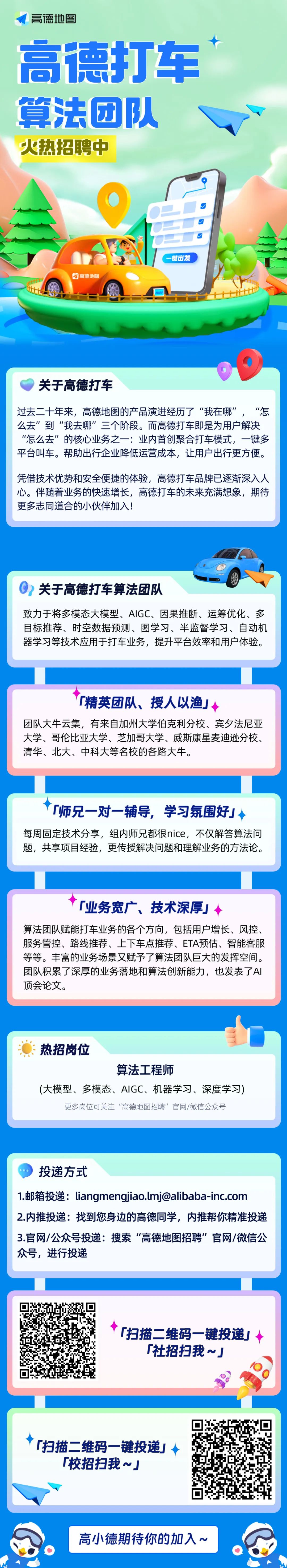 <p>高德地图</p>
<p>高德打车<br/>算法团队<br/>火热招聘中</p>
<p>高德地图</p>
<p>一键出发</p>
<p>A</p>
<p>关于高德打车</p>
<p>过去二十年来，高德地图的产品演进经历了“我在哪”，“怎<br/>么去”到“我去哪”三个阶段。而高德打车即是为用户解决<br/>“怎么去”的核心业务之一:业内首创聚合打车模式，一键多<br/>平台叫车。帮助出行企业降低运营成本，让用户出行更方便。</p>
<p>凭借技术优势和安全便捷的体验，高德打车品牌已逐渐深入人<br/>心。伴随着业务的快速增长，高德打车的未来充满想象，期待<br/>更多志同道合的小伙伴加入!</p>
<p>关于高德打车算法团队</p>
<p>致力于将多模态大模型、AIGC、因果推断、运筹优化、多<br/>目标推荐、时空数据预测、图学习、半监督学习、自动机<br/>器学习等技术应用于打车业务，提升平台效率和用户体验。</p>
<p>「精英团队、授人以渔」</p>
<p>团队大牛云集，有来自加州大学伯克利分校、宾夕法尼亚<br/>大学、哥伦比亚大学、芝加哥大学、威斯康星麦迪逊分校、<br/>清华、北大、中科大等名校的各路大牛。</p>
<p>「师兄一对一辅导，学习氛围好」</p>
<p>每周固定技术分享，组内师兄都很nice，不仅解答算法问<br/>题，共享项目经验，更传授解决问题和理解业务的方法论。</p>
<p>「业务宽广、技术深厚</p>
<p>算法团队赋能打车业务的各个方向，包括用户增长、风控、<br/>服务管控、路线推荐、上下车点推荐、ETA预估、智能客服<br/>等等。丰富的业务场景又赋予了算法团队巨大的发挥空间。<br/>团队积累了深厚的业务落地和算法创新能力，也发表了AI<br/>顶会论文。</p>
<p>热招岗位</p>
<p>算法工程师</p>
<p>(大模型、多模态、AIGC、机器学习、深度学习)<br/>更多岗位可关注“高德地图招聘”官网/微信公众号</p>
<p>投递方式</p>
<p>1.邮箱投递:****<br/>2.内推投递:找到您身边的高德同学，内推帮你精准投递<br/>3.官网/公众号投递:搜索“高德地图招聘”官网/微信公<br/>众号，进行投递</p>
<p>「扫描二维码一键投递</p>
<p>「社招扫我~J</p>
<p>「扫描二维码一键投递</p>
<p>「校招扫我~J</p>
<p>高小德期待你的加入~</p>

