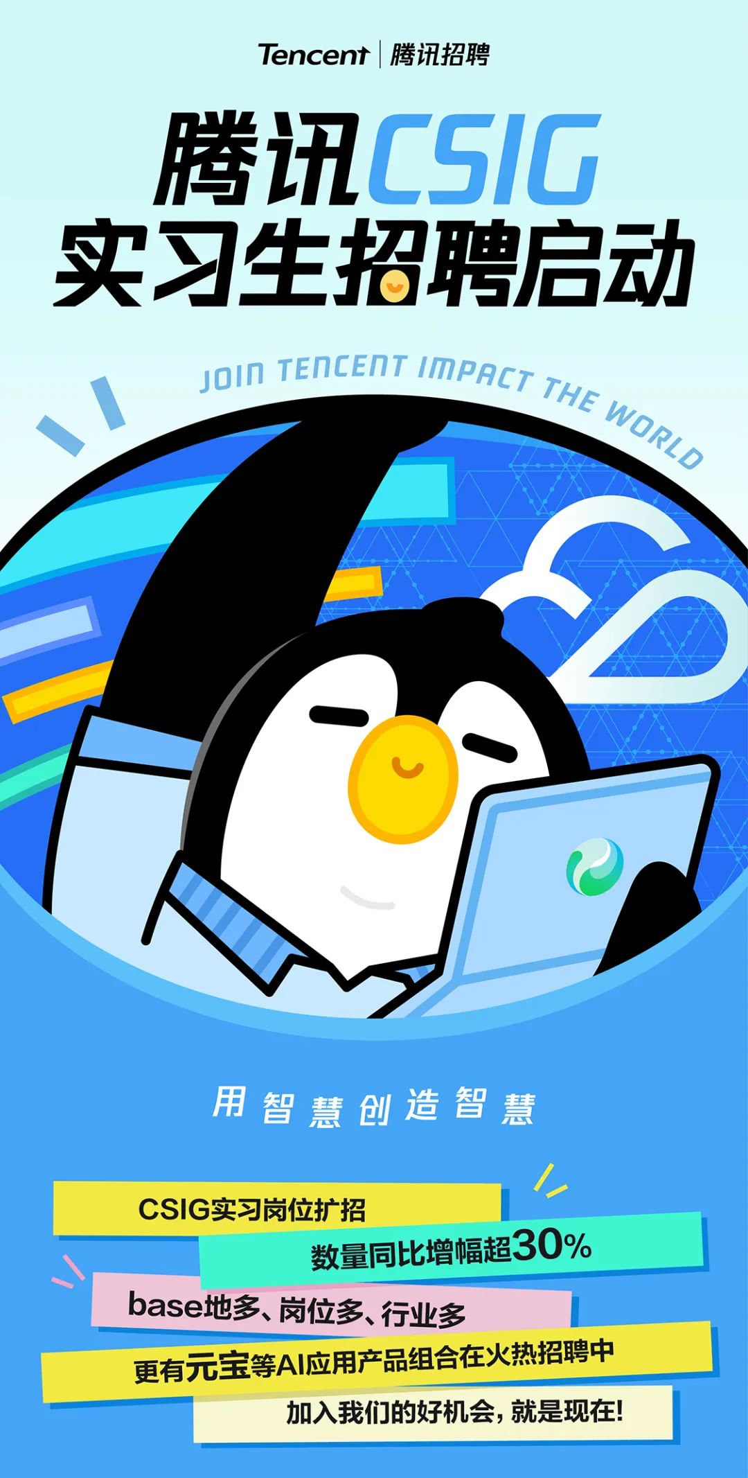 <p>Tencent| 腾讯招聘</p>
<p>腾讯C</p>
<p>实习生招聘启动</p>
<p>IJOINTENCENT IMPACTTHEWop</p>
<p>用智慧创造智慧</p>
<p>1</p>
<p>CSIG实习岗位扩招</p>
<p>、数量同比增幅超30%</p>
<p>base地多、 岗位多、行业多</p>
<p>更有元宝等AI应用产品组合在火热招聘中</p>
<p>加入我们的好机会,就是现在</p>
