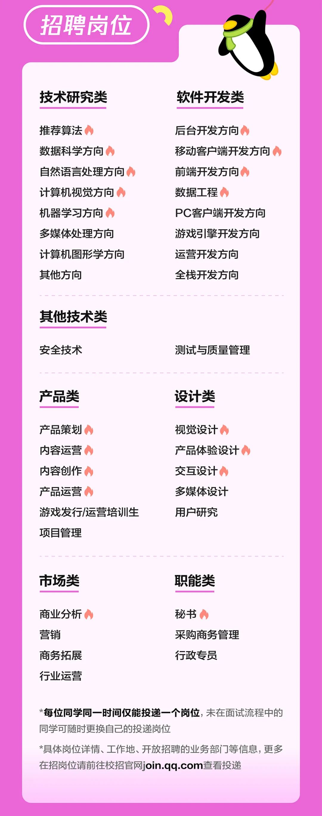 <p>招聘岗位</p>
<p>技术研究类</p>
<p>软件开发类</p>
<p>推荐算法</p>
<p>数据科学方向<br/>自然语言处理方向<br/>计算机视觉方向<br/>机器学习方向<br/>多媒体处理方向<br/>计算机图形学方向<br/>其他方向</p>
<p>后台开发方向</p>
<p>移动客户端开发方向<br/>前端开发方向</p>
<p>数据工程</p>
<p>PC客户端开发方向<br/>游戏引擎开发方向<br/>运营开发方向</p>
<p>全栈开发方向</p>
<p>其他技术类<br/>安全技术</p>
<p>测试与质量管理</p>
<p>产品类</p>
<p>设计类</p>
<p>产品策划</p>
<p>内容运营</p>
<p>内容创作</p>
<p>产品运营</p>
<p>游戏发行/运营培训生<br/>项目管理</p>
<p>视觉设计</p>
<p>产品体验设计<br/>交互设计</p>
<p>多媒体设计<br/>用户研究</p>
<p>市场类</p>
<p>职能类</p>
<p>商业分析<br/>营销</p>
<p>商务拓展<br/>行业运营</p>
<p>秘书</p>
<p>采购商务管理<br/>行政专员</p>
<p>*每位同学同一时间仅能投递一个岗位,未在面试流程中的<br/>同学可随时更换自己的投递岗位</p>
<p>*具体岗位详情、工作地、开放招聘的业务部门等信息，更多<br/>在招岗位请前往校招官网join.qq.com查看投递</p>
