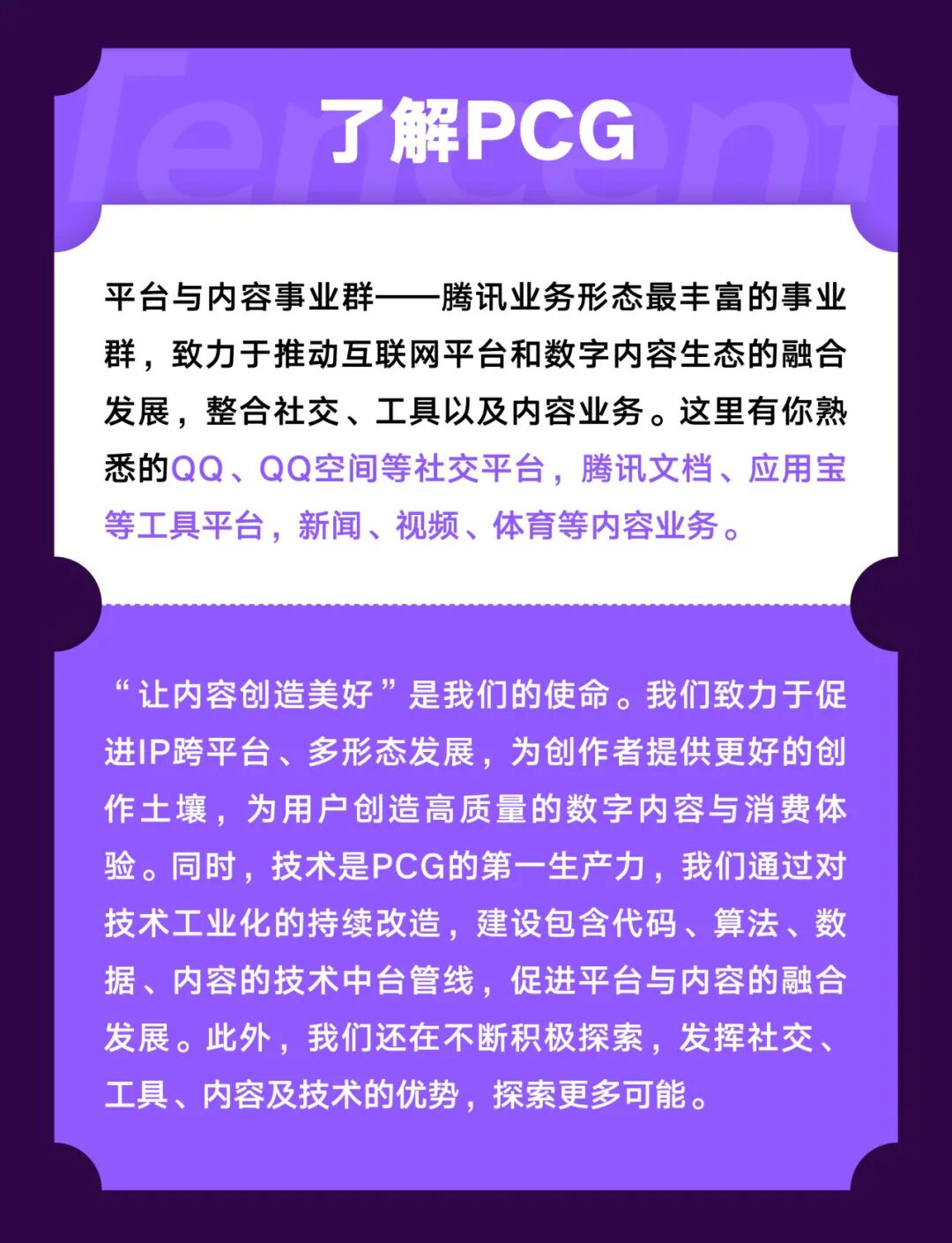 <p>了解PCG</p>
<p>平台与内容事业群一腾讯业务形态最丰富的事业</p>
<p>群，致力于推动互联网平台和数字内容生态的融合</p>
<p>发展，整合社交、工具以及内容业务。这里有你熟</p>
<p>悉的QQ、QQ空间等社交平台,腾讯文档、应用宝</p>
<p>等工具平台，新闻、视频、体育等内容业务。</p>
<p>&ldquo;让内容创造美好&rdquo;是我们的使命。我们致力于促</p>
<p>进IP跨平台、多形态发展，为创作者提供更好的创</p>
<p>作土壤，为用户创造高质量的数字内容与消费体</p>
<p>验。同时，技术是PCG的第一生产力，我们通过对</p>
<p>技术工业化的持续改造，建设包含代码、算法、数</p>
<p>据、内容的技术中台管线，促进平台与内容的融合</p>
<p>发展。此外,我们还在不断积极探索，发挥社交、</p>
<p>工具、内容及技术的优势，探索更多可能。</p>
