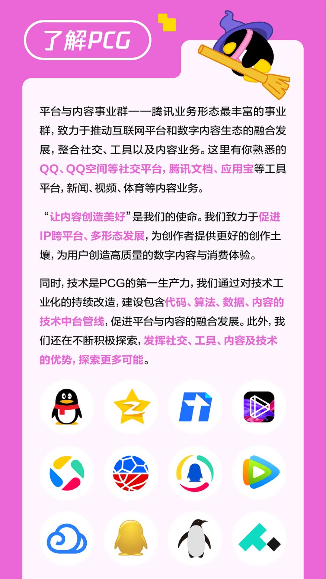 <p>了解PCG</p>
<p> </p>
<p>平台与内容事业群一一腾讯业务形态最丰富的事业<br/>群，致力于推动互联网平台和数字内容生态的融合发<br/>展，整合社交、工具以及内容业务。这里有你熟悉的<br/>QQ、QQ空间等社交平台，腾讯文档、应用宝等工具<br/>平台，新闻、视频、体育等内容业务。</p>
<p>&ldquo;让内容创造美好&rdquo;是我们的使命。我们致力于促进<br/>IP跨平台、多形态发展,为创作者提供更好的创作土<br/>壤,为用户创造高质量的数字内容与消费体验。</p>
<p>同时，技术是PCG的第一生产力，我们通过对技术工<br/>业化的持续改造,建设包含代码、算法、数据、内容的<br/>技术中台管线,促进平台与内容的融合发展。此外,我<br/>们还在不断积极探索，发挥社交、工具、内容及技术<br/>的优势,探索更多可能。</p>

