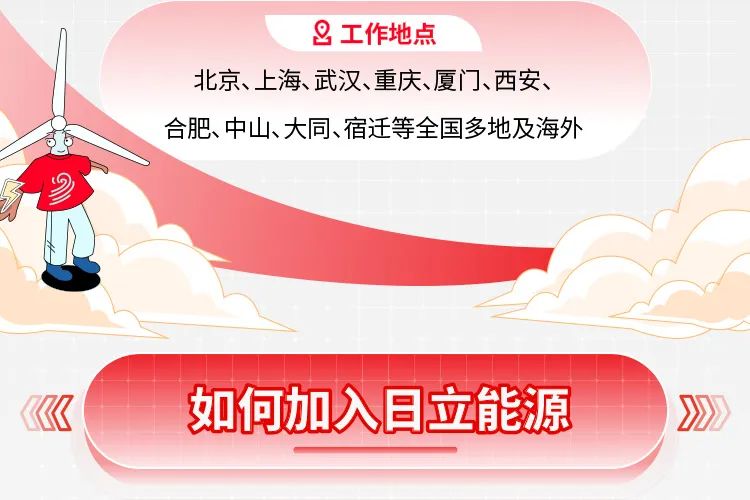 <p>8<br/>工作地点</p>
<p>北京、上海、武汉、重庆、厦门、西安、<br/>合肥、中山、大同、宿迁等全国多地及海外</p>
<p>如何加入日立能源</p>