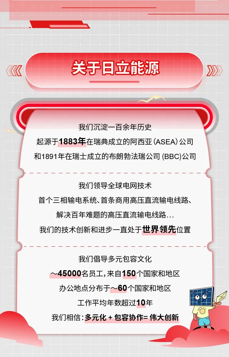 <p>《关于日立能源》</p>
<p>我们沉淀一百余年历史</p>
<p>起源于1883年在瑞典成立的阿西亚(ASEA)公司</p>
<p>和1891年在瑞士成立的布朗勃法瑞公司(BBC)公司</p>
<p>我们领导全球电网技术</p>
<p>首个三相输电系统、首条商用高压直流输电线路、</p>
<p>解决百年难题的高压直流输电线路...</p>
<p>我们的技术创新和进步一直处于世界领先位置</p>
<p>我们倡导多元包容文化</p>
<p>~45000名员工,来自150个国家和地区</p>
<p>办公地点分布于~60个国家和地区</p>
<p>o9</p>
<p>工作平均年数超过10年</p>
<p>我们相信:多元化+包容协作=伟大创新</p>
