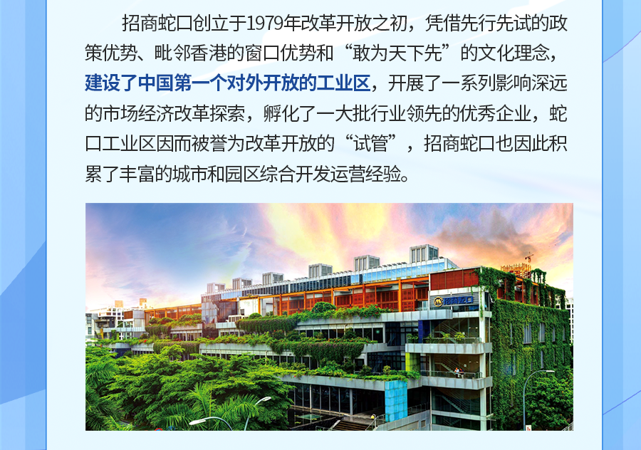 <p>招商蛇☐创立于1979年改革开放之初,凭借先行先试的政</p>
<p>策优势、毗邻香港的窗C优势和“敢为天下先”的文化理念,</p>
<p>建设了中国第-个对外开放的工业区,开展了一系列影响深远</p>
<p>的市场经济改革探索,孵化了一大批行业领先的优秀企业,蛇</p>
<p>☐工业区因而被誉为改革开放的“试管”,招商蛇也因此积</p>
<p>累了丰富的城市和园区综合开发运营经验。</p>
