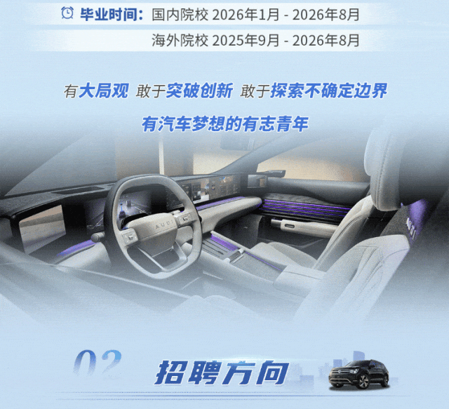 <p>Q毕业时间：国内院校2026年1月- 2026年8月</p>
<p>海外院校2025年9月-2026年8月</p>
<p>有大局观 敢于突破创新 敢于探索不确定边界</p>
<p>有汽车梦想的有志青年</p>
<p>02</p>
<p>招聘方可</p>
