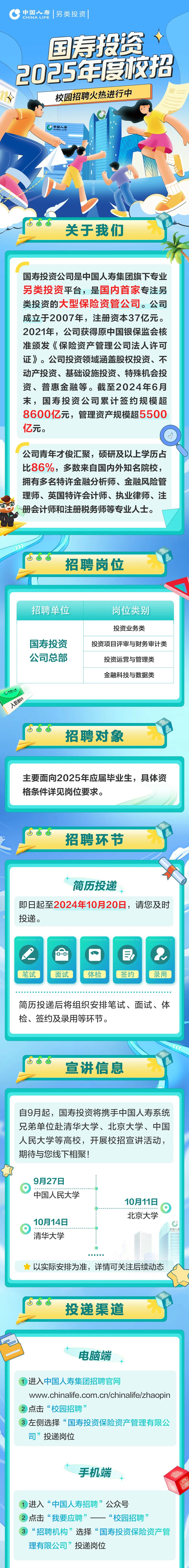 <p>中国人寿|另类投资</p>
<p>CHINA LIFE</p>
<p>国寿投资<br/>2025年度校招</p>
<p>校园招聘火热进行中</p>
<p>中国人寿<br/>CHINA LIFE</p>
<p>关于我们</p>
<p>国寿投资公司是中国人寿集团旗下专业<br/>另类投资平台，是国内首家专注另<br/>类投资的大型保险资管公司。公司<br/>成立于2007年，注册资本37亿元。<br/>2021年，公司获得原中国银保监会核<br/>准颁发《保险资产管理公司法人许可<br/>证》。公司投资领域涵盖股权投资、不<br/>动产投资、基础设施投资、特殊机会投<br/>资、普惠金融等。截至2024年6月<br/>末，国寿投资公司累计签约规模超<br/>8600亿元，管理资产规模超5500<br/>亿元。</p>
<p>公司青年才俊汇聚，硕研及以上学历占<br/>比86%，多数来自国内外知名院校，<br/>拥有多名特许金融分析师、金融风险管<br/>理师、英国特许会计师、执业律师、注<br/>册会计师和注册税务师等专业人士。</p>
<p>山山山</p>
<p>招聘岗位</p>
<p> </p>
<p>招聘单位</p>
<p>岗位类别</p>
<p>国寿投资<br/>公司总部</p>
<p>投资业务类</p>
<p>投资项目评审与财务审计类</p>
<p>投资运营与管理类<br/>金融科技与数据类</p>
<p>中国人寿</p>
<p>入职通知书</p>
<p>U<br/>UU</p>
<p>招聘对象</p>
<p>主要面向2025年应届毕业生，具体资<br/>格条件详见岗位要求。</p>
<p>山山山</p>
<p>招聘环节</p>
<p>4</p>
<p>简历投递</p>
<p>即日起至2024年10月20日，请您及时<br/>投递。</p>
<p>A</p>
<p>笔试</p>
<p>2<br/>00</p>
<p>面试</p>
<p>体检</p>
<p>签约</p>
<p>录用</p>
<p>简历投递后将组织安排笔试、面试、体<br/>检、签约及录用等环节。</p>
<p>山山U</p>
<p>宣讲信息</p>
<p>自9月起，国寿投资将携手中国人寿系统<br/>兄弟单位赴清华大学、北京大学、中国<br/>人民大学等高校，开展校招宣讲活动，<br/>期待与您线下相聚!</p>
<p>9月27日</p>
<p>中国人民大学</p>
<p>10月14日<br/>清华大学</p>
<p>10月11日<br/>北京大学</p>
<p>中国人寿</p>
<p>以实际安排为准，详情可关注后续动态</p>
<p>山U山</p>
<p>投递渠道</p>
<p>电脑端</p>
<p>进入中国人寿集团招聘官网</p>
<p>www.chinalife.com.cn/chinalife/zhaopin<br/>2点击&ldquo;校园招聘&rdquo;</p>
<p>左侧选择&ldquo;国寿投资保险资产管理有限公<br/>司&rdquo;投递岗位</p>
<p>手机端</p>
<p>ATM</p>
<p>日饑</p>
<p>进入&ldquo;中国人寿招聘&rdquo;公众号</p>
<p>2点击&ldquo;我要应聘&rdquo;</p>
<p>&ldquo;校园招聘&rdquo;</p>
<p>&ldquo;招聘机构&rdquo;选择&ldquo;国寿投资保险资产管<br/>理有限公司&rdquo;投递岗位</p>
