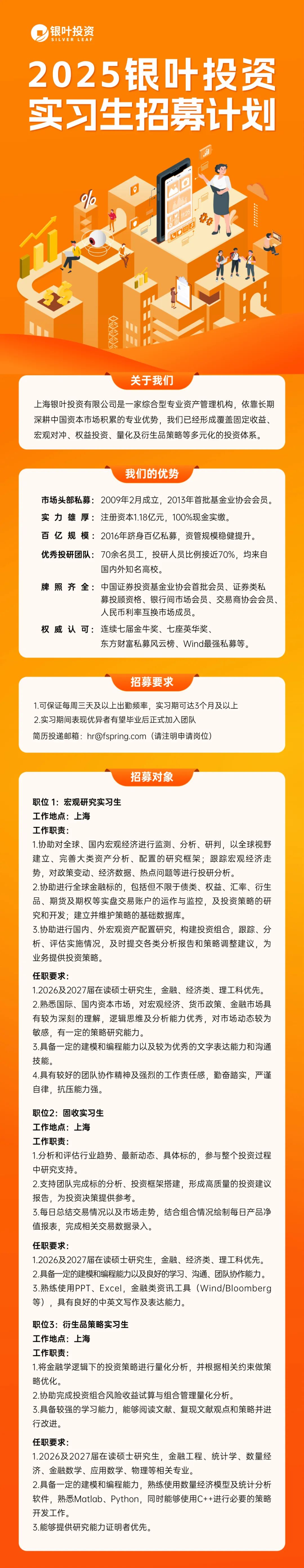 <p>银叶投资<br/>SILVER LEAF</p>
<p>2025银叶投资<br/>实习生招募计划</p>
<p> </p>
<p>关于我们</p>
<p>上海银叶投资有限公司是一家综合型专业资产管理机构，依靠长期<br/>深耕中国资本市场积累的专业优势，我们已经形成覆盖固定收益、<br/>宏观对冲、权益投资、量化及衍生品策略等多元化的投资体系。</p>
<p>我们的优势</p>
<p>市场头部私募:2009年2月成立，2013年首批基金业协会会员。<br/>实力雄厚:注册资本1.18亿元，100%现金实缴。</p>
<p>百亿规模:2016年跻身百亿私募，资管规模稳健提升。<br/>优秀投研团队:70余名员工，投研人员比例接近70%，均来自</p>
<p>国内外知名高校。</p>
<p>牌照齐全:中国证券投资基金业协会首批会员、证券类私</p>
<p>募投顾资格、银行间市场会员、交易商协会会员、<br/>人民币利率互换市场成员。</p>
<p>权威认可:连续七届金牛奖、七座英华奖、</p>
<p>东方财富私募风云榜、Wind最强私募等。</p>
<p>招募要求</p>
<p>1.可保证每周三天及以上出勤频率，实习期可达3个月及以上<br/>2.实习期间表现优异者有望毕业后正式加入团队</p>
<p>简历投递邮箱:****(请注明申请岗位)</p>
<p>招募对象</p>
<p>职位1:宏观研究实习生</p>
<p>工作地点:上海</p>
<p>工作职责:</p>
<p>1.协助对全球、国内宏观经济进行监测、分析、研判，以全球视野<br/>建立、完善大类资产分析、配置的研究框架;跟踪宏观经济走<br/>势，对政策变动、经济数据、热点问题等进行投研分析。</p>
<p>2.协助进行全球金融标的，包括但不限于债类、权益、汇率、衍生<br/>品、期货及期权等实盘交易账户的运作与监控，及投资策略的研<br/>究和开发;建立并维护策略的基础数据库。</p>
<p>3.协助进行国内、外宏观资产配置研究，构建投资组合，跟踪、分<br/>析、评估实施情况，及时提交各类分析报告和策略调整建议，为<br/>业务提供投资策略。</p>
<p>任职要求:</p>
<p>1.2026及2027届在读硕士研究生，金融、经济类、理工科优先。<br/>2.熟悉国际、国内资本市场，对宏观经济、货币政策、金融市场具<br/>有较为深刻的理解，逻辑思维及分析能力优秀，对市场动态较为<br/>敏感，有一定的策略研究能力。</p>
<p>3.具备一定的建模和编程能力以及较为优秀的文字表达能力和沟通<br/>技能。</p>
<p>4.具有较好的团队协作精神及强烈的工作责任感，勤奋踏实，严谨<br/>自律，抗压能力强。</p>
<p>职位2:固收实习生</p>
<p>工作地点:上海</p>
<p>工作职责:</p>
<p>1.分析和评估行业趋势、最新动态、具体标的，参与整个投资过程<br/>中研究支持。</p>
<p>2.支持团队完成标的分析、投资框架搭建，形成高质量的投资建议<br/>报告，为投资决策提供参考。</p>
<p>3.每日总结交易情况以及市场走势，结合组合情况绘制每日产品净<br/>值报表，完成相关交易数据录入。</p>
<p>任职要求:</p>
<p>1.2026及2027届在读硕士研究生，金融、经济类、理工科优先。<br/>2.具备一定的建模和编程能力以及良好的学习、沟通、团队协作能力。<br/>3.熟练使用PPT、Excel，金融类资讯工具(Wind/Bloomberg<br/>等)，具有良好的中英文写作及表达能力。</p>
<p>职位3:衍生品策略实习生</p>
<p>工作地点:上海</p>
<p>工作职责:</p>
<p>1.将金融学逻辑下的投资策略进行量化分析，并根据相关约束做策<br/>略优化。</p>
<p>2.协助完成投资组合风险收益试算与组合管理量化分析。</p>
<p>3.具备较强的学习能力，能够阅读文献、复现文献观点和策略并进<br/>行改进。</p>
<p>任职要求:</p>
<p>1.2026及2027届在读硕士研究生，金融工程、统计学、数量经<br/>济、金融数学、应用数学、物理等相关专业。</p>
<p>2.具备一定的建模和编程能力，熟练使用数量经济模型及统计分析<br/>软件，熟悉Matlab、Python，同时能够使用C++进行必要的策略<br/>开发工作。</p>
<p>3.能够提供研究能力证明者优先。</p>
