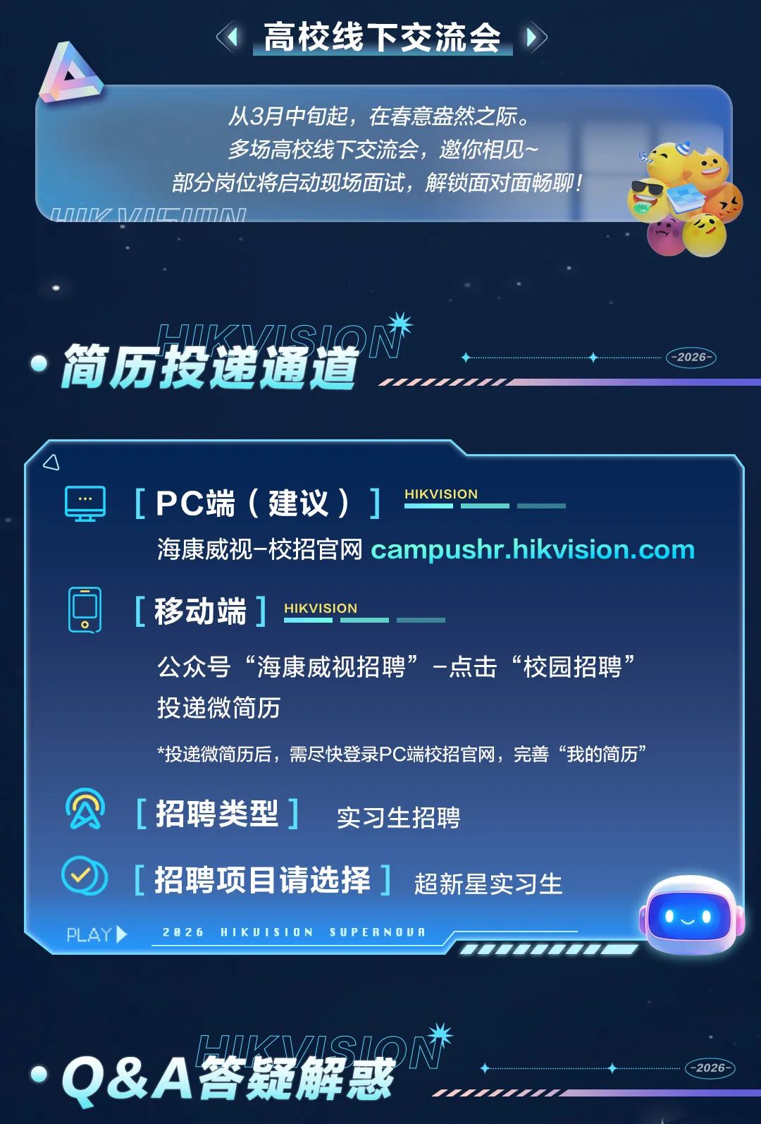 <p>高校线下交流会</p>
<p>从3月中旬起，在春意盎然之际。<br/>多场高校线下交流会，邀你相见~</p>
<p>部分岗位将启动现场面试，解锁面对面畅聊!</p>
<p>简历投递通道</p>
<p>2026</p>
<p>[PC端(建议)]<br/>HIKVISION</p>
<p>海康威视-校招官网 campushr.hikvision.com</p>
<p>[移动端]</p>
<p>HIKVISION</p>
<p>公众号“海康威视招聘”-点击“校园招聘”<br/>投递微简历</p>
<p>*投递微简历后，需尽快登录PC端校招官网，完善“我的简历”</p>
<p>招聘类型]</p>
<p>实习生招聘</p>
<p>[招聘项目请选择]<br/>超新星实习生<br/>PLAY</p>
<p>2D26 HIKUISIDNSUPERNDUA</p>
<p>Q&A答疑解惑</p>
<p>2026</p>
