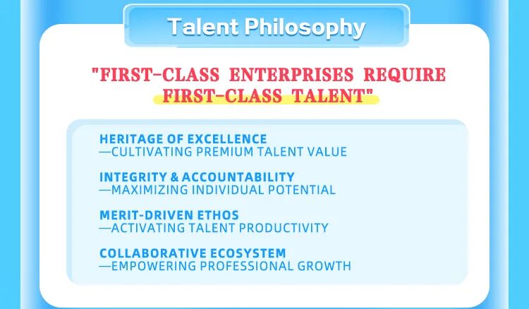 <p>Talent Philosophy</p>
<p>"FIRST-CLASS ENTERPRISES REQUIRE</p>
<p>FIRST-CLASS TALENT"</p>
<p>HERITAGE OF EXCELLENCE</p>
<p>-CULTIVATING PREMIUM TALENT VALUE</p>
<p>INTEGRITY &ACCOUNTABILITY</p>
<p>-MAXIMIZING INDIVIDUAL POTENTIAL</p>
<p>MERIT-DRIVEN ETHOS</p>
<p>-ACTIVATING TALENT PRODUCTIVITY</p>
<p>COLLABORATIVE ECOSYSTEM</p>
<p>-EMPOWERING PROFESSIONAL GROWTH</p>
