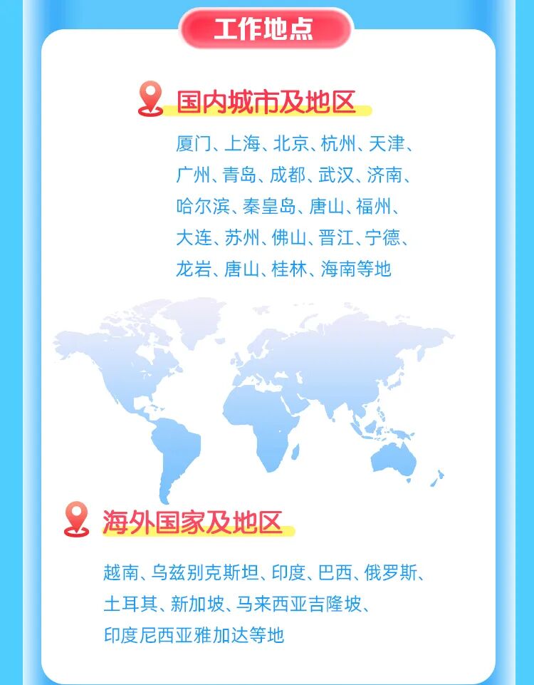 <p>工作地点</p>
<p>国内城市及地区</p>
<p>厦门、上海、北京、杭州、天津、</p>
<p>广州、青岛、成都、武汉、济南、</p>
<p>哈尔滨、秦皇岛、唐山、福州</p>
<p>大连、苏州、佛山、晋江、宁德、</p>
<p>龙岩、唐山、桂林、海南等地</p>
<p>海外国家及地区</p>
<p>越南、乌兹别克斯坦、印度、巴西、俄罗斯</p>
<p>土耳其、新加坡、马来西亚吉隆坡</p>
<p>印度尼西亚雅加达等地</p>
