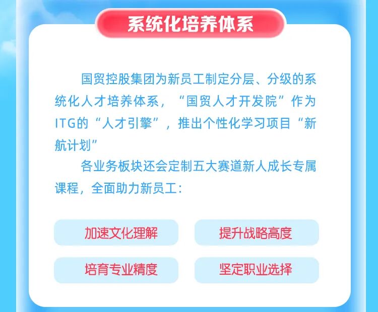 <p>系统化培养体系</p>
<p>国贸控股集团为新员工制定分层、分级的系</p>
<p>统化人才培养体系，&ldquo;国贸人才开发院&rdquo;作为</p>
<p>ITG的&ldquo;人才引擎&rdquo;，推出个性化学习项目&ldquo;新</p>
<p>航计划&rdquo;</p>
<p>各业务板块还会定制五大赛道新人成长专属</p>
<p>课程，全面助力新员工：</p>
<p>加速文化理解</p>
<p>提升战略高度</p>
<p>培育专业精度</p>
<p>坚定职业选择</p>
