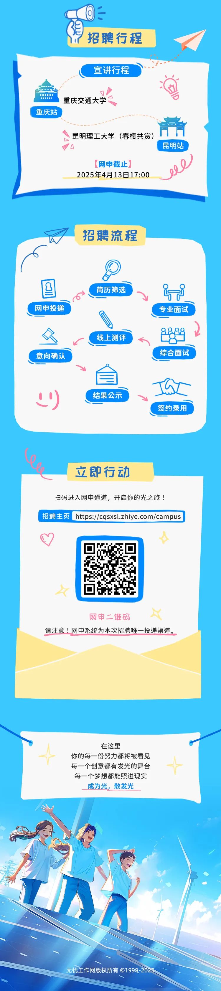 <p> </p>
<p>无忧工作网版权所有C1999-2025</p>

<table>
<tr><td></td>
<td>)招聘行程</td>
<td></td>
</tr>
<tr><td colspan="3">宣讲行程'm重庆交通大学重庆站s昆明理工大学(春樱共赏) 清 0 昆明站[网申截止]2025年4月13日17:00 2</td>
</tr>
<tr><td colspan="3">招聘流程国 _6 简历筛选、 57网申投递 专业面试线上测评 人k综合面试意向确认') 结果公示 了签约录用</td>
</tr>
<tr><td colspan="3">立即行动扫码进入网申通道,开启你的光之旅!招聘主页, https://cqsxsl.zhiye.com/campus ' '网申二维码 X请注意!网申系统为本次招聘唯一投递渠道。</td>
</tr>
<tr><td colspan="3"></td>
</tr>
<tr><td colspan="3">C 在这里你的每一份努力都将被看见 十每一个创意都有发光的舞台每一个梦想都能照进现实成为光,散发光</td>
</tr>
</table>
