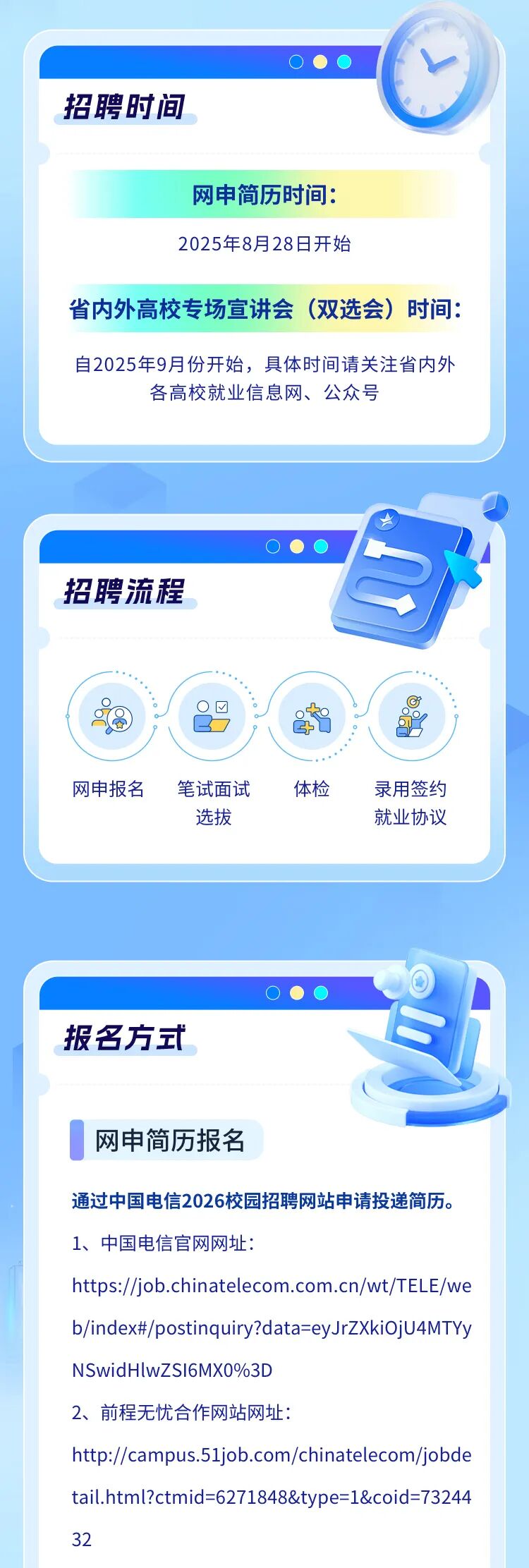 <p>招聘时间</p>
<p>网申简历时间：</p>
<p>2025年8月28日开始</p>
<p>省内外高校专场宣讲会</p>
<p>(双选会)</p>
<p>时间</p>
<p>自2025年9月份开始，具体时间请关注省内外</p>
<p>各高校就业信息网、公众号</p>
<p>招聘流程</p>
<p>网申报名</p>
<p>笔试面试</p>
<p>体检</p>
<p>录用签约</p>
<p>选拔</p>
<p>就业协议</p>
<p>报名方式</p>
<p>网申简历报名</p>
<p>通过中国电信2026校园招聘网站申请投递简历。</p>
<p>1、中国电信官网网址：</p>
<p>https://job.chinatelecom.com.cn/wt/TELE/we</p>
<p>b/index#/postinquiry?data-eyJrZXkiOjU4MTYy</p>
<p>NSwidHIwZSI6MX0%3D</p>
<p>前程无忧合作网站网址:</p>
<p>http://campus.5ljob.com/chinatelecom/jobde</p>
<p>tail.html?ctmid=6271848&type=1&coid=73244</p>
<p>32</p>
