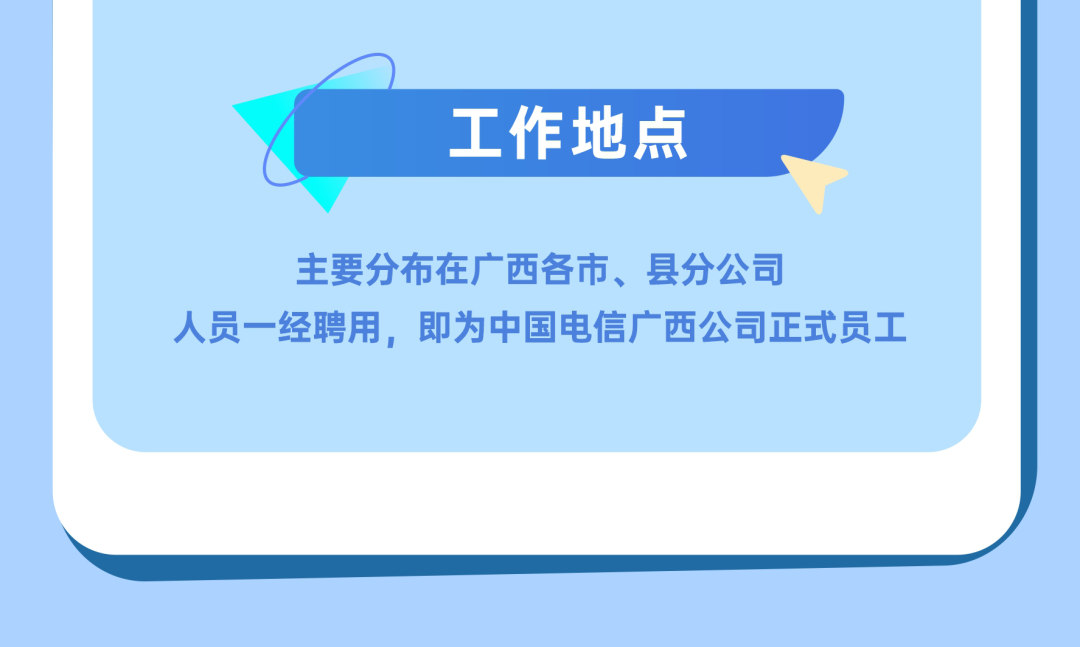 <p>工作地点</p>
<p>主要分布在广西各市、县分公司</p>
<p>人员一经聘用，即为中国电信广西公司正式员工</p>
