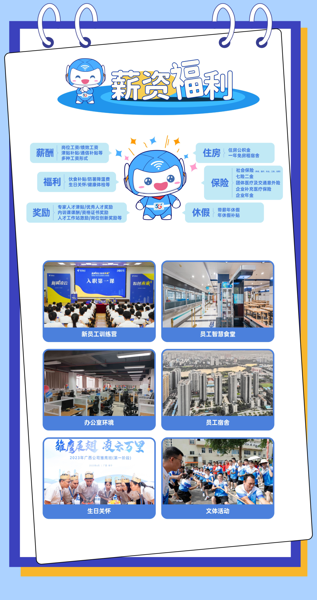 <p>福</p>
<p>新瓷</p>
<p>利</p>
<p>薪酬</p>
<p>岗位工资/绩效工资</p>
<p>津贴补贴/通信补贴等</p>
<p>住房</p>
<p>住房公积金</p>
<p>一年免房租宿舍</p>
<p>多种工资形式</p>
<p>社会保险</p>
<p>(我套、医疗、失业、工街、生南）</p>
<p>伙食补贴/防暑降温费</p>
<p>七险二金</p>
<p>福利</p>
<p>保险</p>
<p>生日关怀/健康体检等</p>
<p>团体医疗及交通意外险</p>
<p>企业补充医疗保险</p>
<p>企业年金</p>
<p>专家人才津贴/优秀人才奖励</p>
<p>5C</p>
<p>奖励</p>
<p>内训课课酬/资格证书奖励</p>
<p>休假</p>
<p>带薪年休假</p>
<p>年休假补贴</p>
<p>人才工作站激励/岗位创新奖励等</p>
<p>中通楼</p>
<p>新网Q云服时清康</p>
<p>2025</p>
<p>新鬓凌云</p>
<p>入职第一课</p>
<p>智创赤来”</p>
<p>新员工训练营</p>
<p>员工智慧食堂</p>
<p>办公室环境</p>
<p>员工宿舍</p>
<p>雅鹰展上</p>
<p>凌云万里</p>
<p>2023年广西公司雏鹰班(第一阶段)</p>
<p>2023年6月1广西-南宁</p>
<p>生日关怀</p>
<p>文体活动</p>
