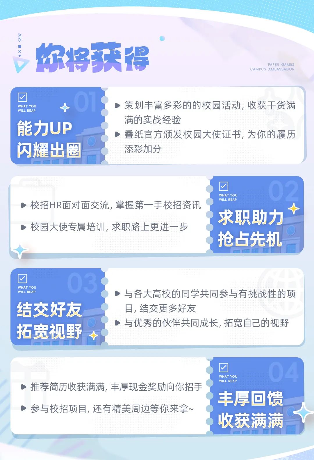 
<table>
<tr><td colspan="2"> PAPER GAMES,你将获得 CAMPUS AMBASSADOR</td>
</tr>
<tr><td colspan="2">WHAT YOUWILL REAP +01 b策划丰富多彩的的校园活动,收获干货满满的实战经验能力UP ◆叠纸官方颁发校园大使证书,为你的履历闪耀出圈 添彩加分</td>
</tr>
<tr><td colspan="2"></td>
</tr>
<tr><td>)校招HR面对面交流,掌握第一手校招资讯b校园大使专属培训,求职路上更进一步</td>
<td>WHAT YOu 02求职助力抢占先机广</td>
</tr>
<tr><td colspan="2"></td>
</tr>
<tr><td colspan="2">1 03WHAT YoUWILL REAP与各大高校的同学共同参与有挑战性的项结交好友 目,结交更多好友.与优秀的伙伴共同成长,拓宽自己的视野拓宽视野  </td>
</tr>
<tr><td colspan="2"></td>
</tr>
<tr><td colspan="2">1 04WILL 。YOUD推荐简历收获满满,丰厚现金奖励向你招手&lsquo;'丰厚回馈n参与校招项目,还有精美周边等你来拿~'收获满满广</td>
</tr>
</table>
