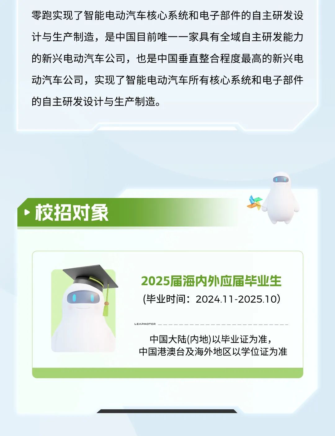 <p>零跑实现了智能电动汽车核心系统和电子部件的自主研发设<br/>计与生产制造，是中国目前唯一一家具有全域自主研发能力<br/>的新兴电动汽车公司，也是中国垂直整合程度最高的新兴电<br/>动汽车公司，实现了智能电动汽车所有核心系统和电子部件<br/>的自主研发设计与生产制造。</p>
<p>校招对象</p>
<p>2025届海内外应届毕业生<br/>(毕业时间:2024.11-2025.10)</p>
<p>LEAPMOTOR</p>
<p>中国大陆(内地)以毕业证为准，</p>
<p>中国港澳台及海外地区以学位证为准</p>
