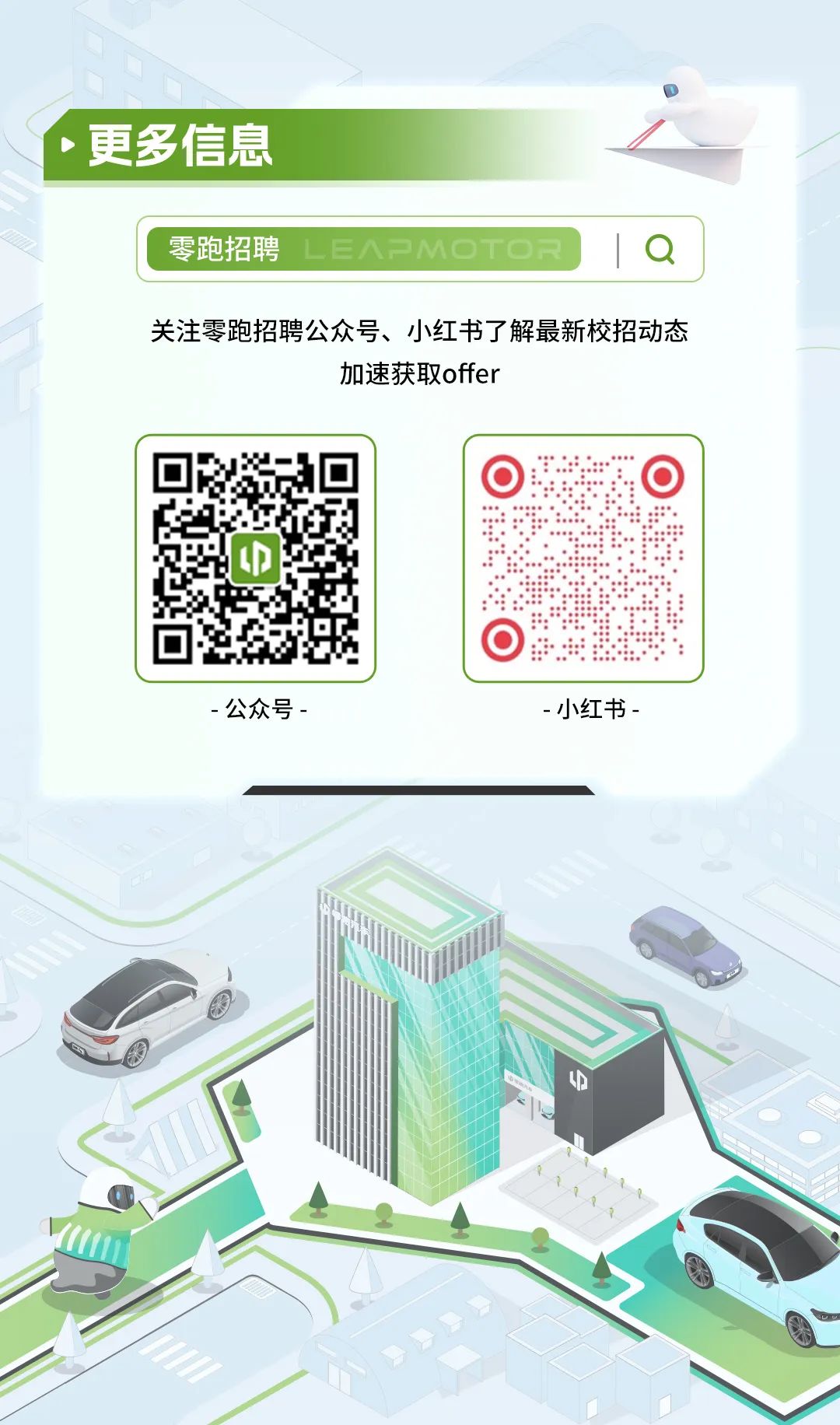 <p>-公众号--小红书-</p>
<p> </p>
<p>中</p>
<p>1</p>

<table>
<tr><td colspan="3">零跑招聘L EAPMOTOR | Q</td>
</tr>
<tr><td colspan="3">关注零跑招聘公众号、小红书了解最新校招动态加速获取offer</td>
</tr>
<tr><td>D心☐</td>
<td></td>
<td>   222</td>
</tr>
</table>
