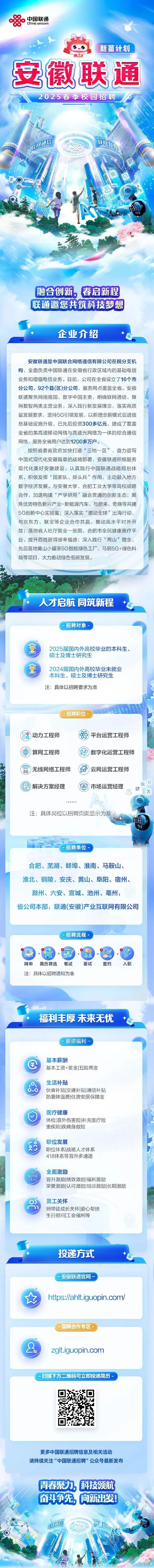 <p>中国联通</p>
<p>China unicom</p>
<p>新苗计划</p>
<p>安徽联通</p>
<p>2025春季校园招聘</p>
<p>通信算网贸</p>
<p>庆风</p>
<p>回</p>
<p>融合创新,春启新程</p>
<p>联通邀您共筑科技梦想</p>
<p>企业介绍</p>
<p>安徽联通是中国联合网络通信有限公司在皖分支机</p>
<p>构,全面负责中国联通在安徽省行政区域内的基础电信</p>
<p>业务和增值电信业务。目前,公司在全省设立了16个市</p>
<p>分公司、92个县(区)分公司,服务网点覆盖全省。安徽</p>
<p>联通聚焦网络强国、数字中国主责,明确联网通信、算</p>
<p>网数智两类主营业务,深入践行新发展理念,落实高质</p>
<p>量发展要求,坚持5G弓|领发展,以新理念新模式促进信</p>
<p>息基础设施升级,已先后投资300多亿元,建成了覆盖</p>
<p>全省的集高速移动网络与高速光网络为一体的综合通信</p>
<p>网络,服务全省用户达到1200多万户。</p>
<p>按照省委省政府加快打造&ldquo;三地一区&rdquo;、奋力谱写</p>
<p>中国式现代化安徽篇章的战略部署,安徽联通积极服务</p>
<p>现代化美好安徽建设,认真践行中国联通战略规划体</p>
<p>系,积极发挥&ldquo;国家队、排头兵&rdquo;作用,主动融入地方</p>
<p>数字经济发展。与安徽大学、合肥工业大学等高校战略</p>
<p>合作,加速构建&ldquo;产学研用&rdquo;融合贯通的创新生态;聚</p>
<p>焦优势特色新兴产业一新能源汽车,与蔚来、奇瑞等共建</p>
<p>5G创新中心实验室;深入落实&ldquo;徽动全球&rdquo;出海行动,</p>
<p>与京东方、联宝等企业合作共赢,推动高水平对外开</p>
<p>放;落地省人社厅就业一-张图、合肥市全民健康医疗平</p>
<p>台,提升百姓获得感幸福感;深入践行&ldquo;两山&rdquo;理念,</p>
<p>先后落地黄山小罐茶5G智能绿色工厂、马钢5G+绿色料</p>
<p>场等项目,大力推动绿色低碳发展。</p>
<p>人才启航同筑新程</p>
<p>招聘对象一)</p>
<p>2025届国内外高校毕业的本科生、</p>
<p>S硕士及博士研究生</p>
<p>2024届国内外高校毕业未就业</p>
<p>心本科生、硕士及博士研究生</p>
<p>注:具体以招聘要求为准</p>
<p>招聘职位 -</p>
<p>)动力工程师平台运营工程师</p>
<p>)算网工程师)数字化运营工程师</p>
<p>G无线网络工程师(3)云网运营工程师</p>
<p>)解决方案经理市场运营经理万器盟白X</p>
<p>注:具体岗位以招聘页面显示为准</p>
<p>帽</p>
<p>甜车'</p>
<p>电P</p>
<p>招聘单位一</p>
<p>合肥、芜湖、蚌埠、淮南、马鞍山、</p>
<p>淮北、铜陵、安庆、黄山、阜阳、宿州、</p>
<p>滁州、六安、宣城、池州、亳州,</p>
<p>省公司本部,联通(安徽)产业互联网有限公司</p>
<p>招聘流程-</p>
<p>BEO,品000 门:</p>
<p>网申简历筛选 笔试面试签约入职</p>
<p>注:具体以招聘通知为准</p>
<p>福利丰厚未来无忧</p>
<p>薪资福利D</p>
<p>基本薪酬</p>
<p>基本工资+奖金|五险两金</p>
<p>生活补贴</p>
<p>伙食补贴交通补贴通信补贴</p>
<p>防暑降温费住房安居保障金</p>
<p>医疗健康</p>
<p>体检|意外伤害险|补充医疗险</p>
<p>重疾险疾病身故险</p>
<p>职位发展</p>
<p>职位体系|战略人才体系</p>
<p>418体系等晋升多通道</p>
<p>全面激励</p>
<p>晋升激励绩效激励|福利激励</p>
<p>荣誉激励认可激励|培训激励|长期激励</p>
<p>员工关怀</p>
<p>师带徒成长关怀|爱心帮扶</p>
<p>生日慰问工会福利等</p>
<p>投递方式</p>
<p>-安徽联通官网-</p>
<p>众htps://hlt.iguopin.com</p>
<p>(-国聘合作专区</p>
<p>&zglt.iguopin.com</p>
<p>扫描下方 维码可立即投递简历一</p>
<p>更多中国联通招聘信息及相关活动</p>
<p>请持续关注&ldquo;中国联通招聘&rdquo;公众号最新发布</p>
<p>青春聚力科技领航</p>
<p>奋斗争先。向新出发</p>
<p>王U门馆真</p>
<p>电开动体本组中@中国联通</p>

