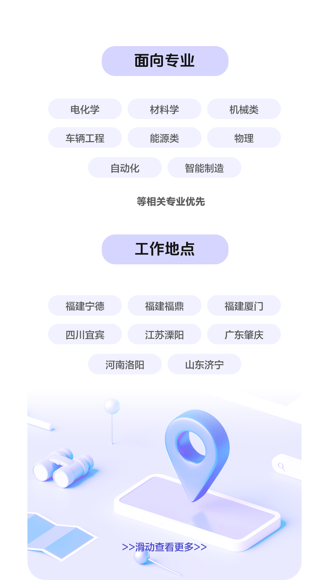 <p>面向专业</p>
<p>电化学</p>
<p>材料学</p>
<p>机械类</p>
<p>车辆工程</p>
<p>能源类</p>
<p>物理</p>
<p>自动化</p>
<p>智能制造</p>
<p>等相关专业优先</p>
<p>工作地点</p>
<p>福建宁德</p>
<p>福建福鼎</p>
<p>福建厦门</p>
<p>四川宜宾</p>
<p>江苏溧阳</p>
<p>广东肇庆</p>
<p>河南洛阳</p>
<p>山东济宁</p>
<p>>>滑动查看更多>></p>
