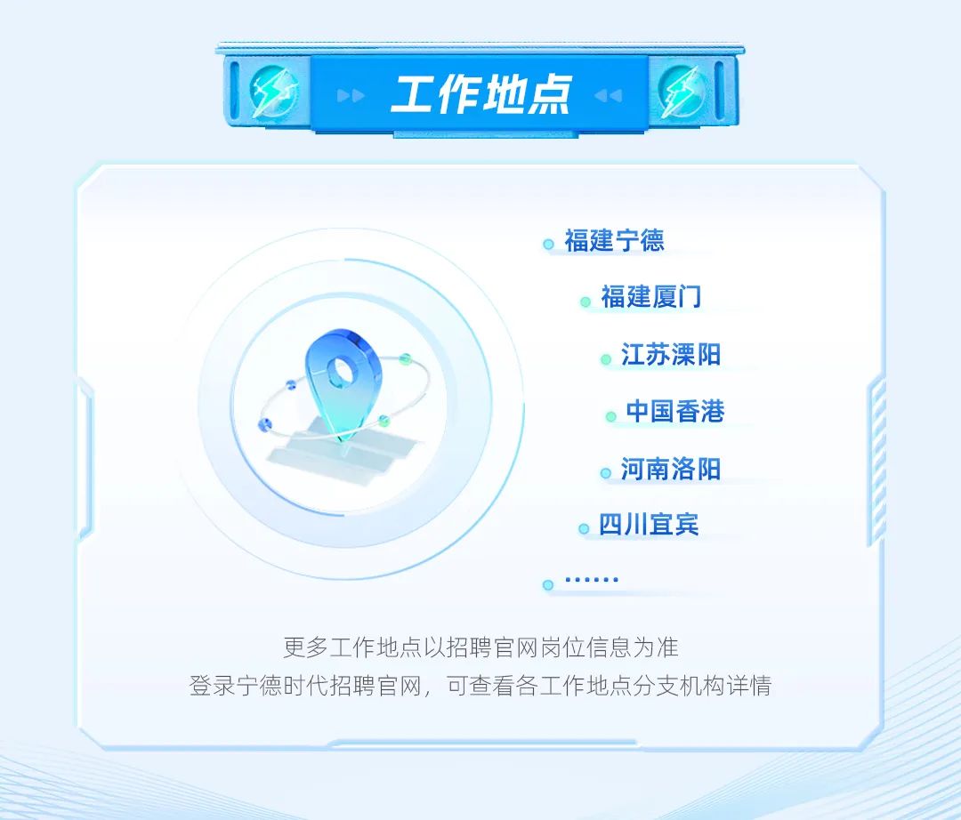 <p>..工作地点4CI</p>
<p>福建宁德</p>
<p>福建厦门</p>
<p>江苏溧阳</p>
<p>中国香港</p>
<p>河南洛阳</p>
<p>四川宜宾</p>
<p>更多工作地点以招聘官网岗位信息为准</p>
<p>登录宁德时代招聘官网,可查看各工作地点分支机构详情</p>
