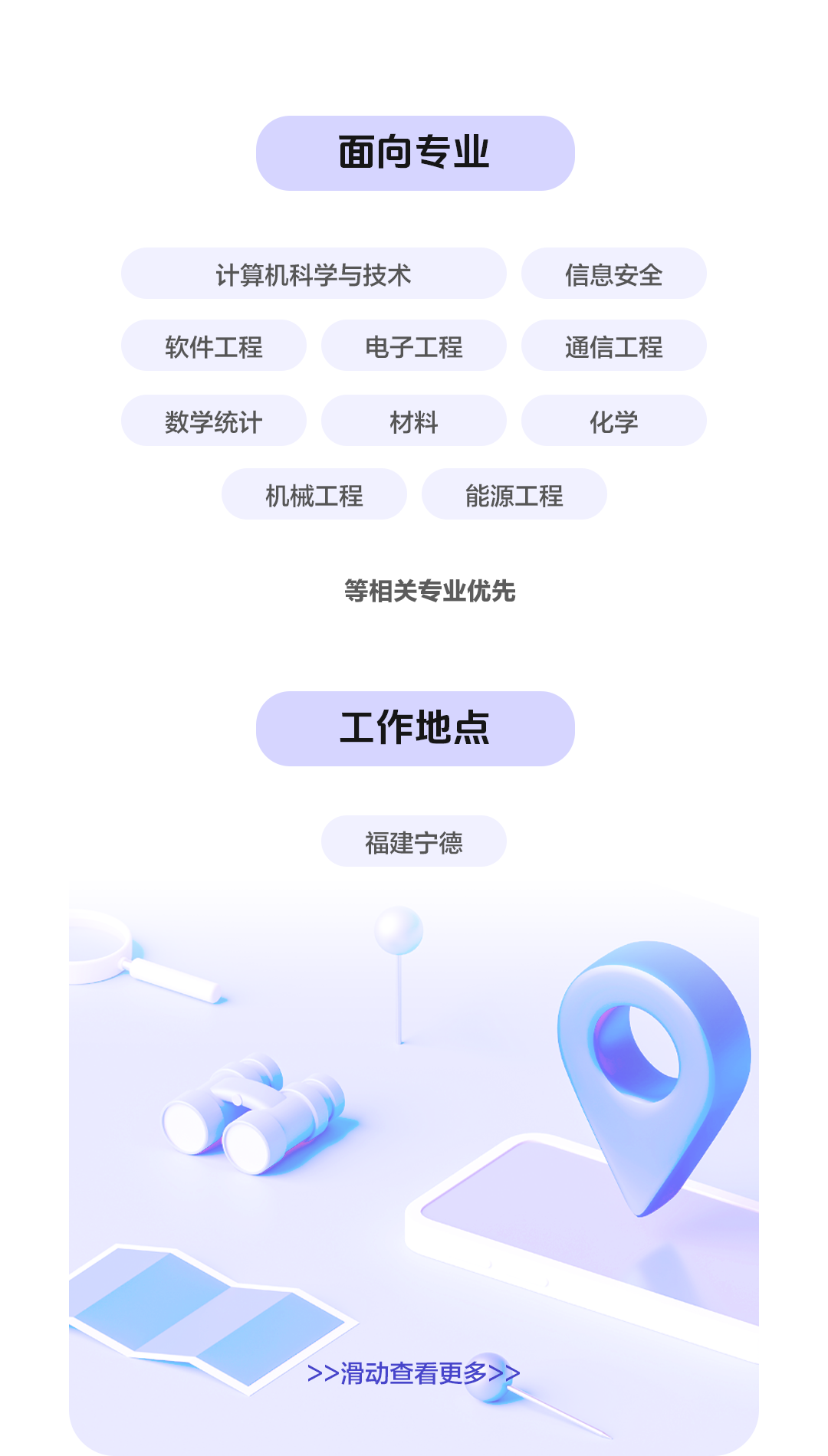 <p>面向专业</p>
<p>计算机科学与技术</p>
<p>信息安全</p>
<p>软件工程</p>
<p>电子工程</p>
<p>通信工程</p>
<p>数学统计</p>
<p>材料</p>
<p>化学</p>
<p>机械工程</p>
<p>能源工程</p>
<p>等相关专业优先</p>
<p>工作地点</p>
<p>福建宁德</p>
<p>>>滑动查看更多>></p>
