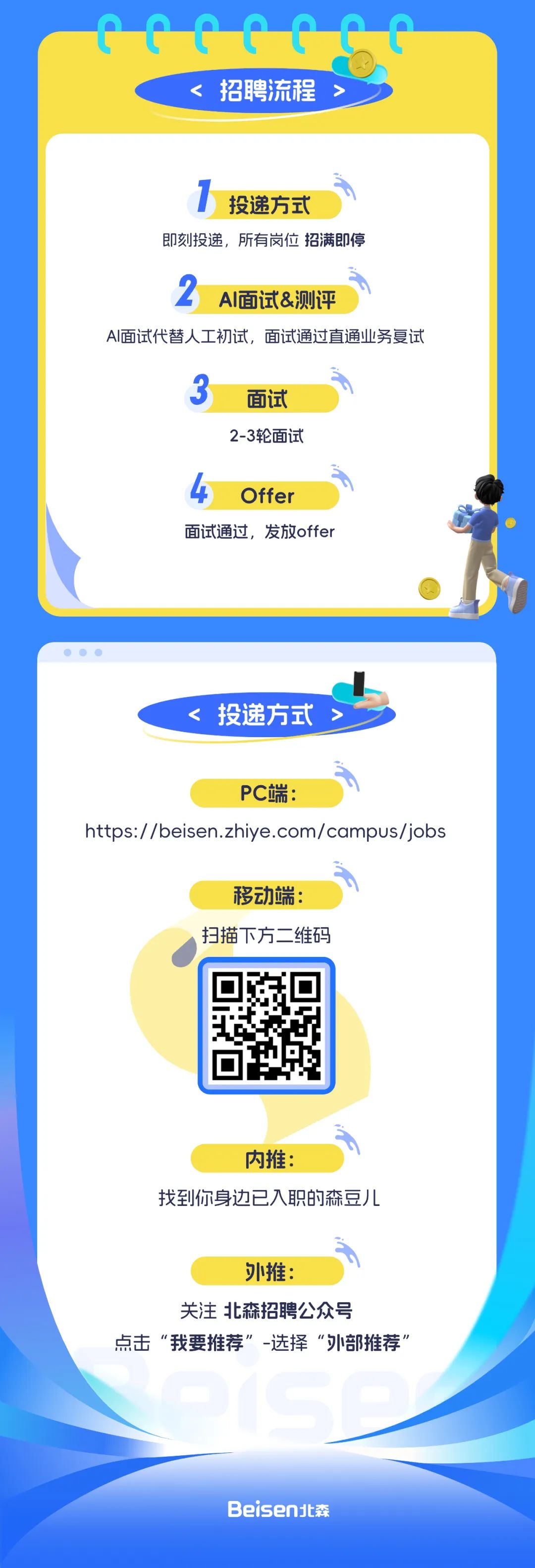 <p>cccccec<br/><招聘流程></p>
<p>投递方式<br/>即刻投递，所有岗位招满即停</p>
<p>2<br/>AI面试&测评</p>
<p>Al面试代替人工初试，面试通过直通业务复试</p>
<p>面试<br/>2-3轮面试</p>
<p>Offer</p>
<p>面试通过，发放offer</p>
<p>投递方式></p>
<p>PC端:</p>
<p>https://beisen.zhiye.com/campus/jobs</p>
<p>移动端:<br/>扫描下方二维码</p>
<p>内推:</p>
<p>找到你身边已入职的森豆儿</p>
<p>外推:</p>
<p>关注北森招聘公众号</p>
<p>点击“我要推荐”-选择“外部推荐”</p>
<p>Beisen北森</p>
