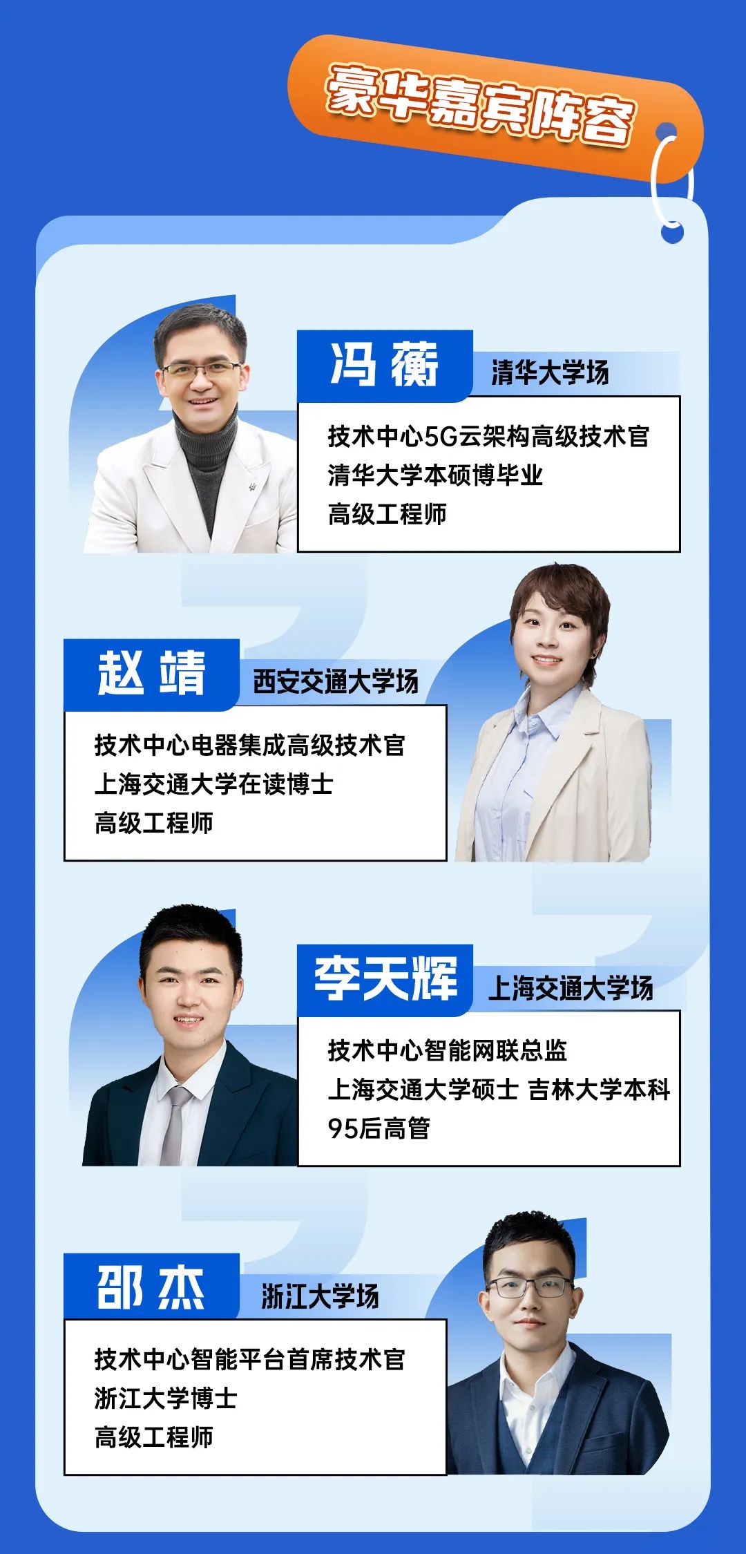 <p>豪华嘉宾阵容</p>
<p>冯蘅<br/>清华大学场</p>
<p>技术中心5G云架构高级技术官<br/>清华大学本硕博毕业</p>
<p>高级工程师</p>
<p>赵靖</p>
<p>西安交通大学场</p>
<p>技术中心电器集成高级技术官<br/>上海交通大学在读博士</p>
<p>高级工程师</p>
<p>李天辉<br/>上海交通大学场<br/>技术中心智能网联总监</p>
<p>上海交通大学硕士吉林大学本科<br/>95后高管</p>
<p>邵杰<br/>浙江大学场</p>
<p>技术中心智能平台首席技术官<br/>浙江大学博士</p>
<p>高级工程师</p>

