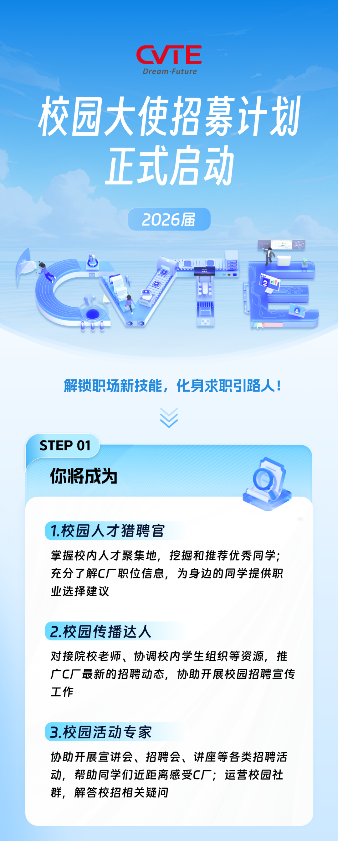 <p>CVTE</p>
<p>Dream-Future</p>
<p>校园大使招募计划</p>
<p>正式启动</p>
<p>2026届</p>
<p>解锁职场新技能，化身求职路人</p>
<p>STEP 01</p>
<p>你将成为</p>
<p>1.校园人才猎聘官</p>
<p>掌握校内人才聚集地，挖掘和推荐优秀同学；</p>
<p>充分了解C厂职位信息，为身边的同学提供职</p>
<p>业选择建议</p>
<p>2.校园传播达人</p>
<p>对接院校老师、协调校内学生组织等资源,推</p>
<p>广C厂最新的招聘动态，协助开展校园招聘宣传</p>
<p>工作</p>
<p>3.校园活动专家</p>
<p>协助开展宣讲会、招聘会、讲座等各类招聘活</p>
<p>动，帮助同学们近距离感受C厂;运营校园社</p>
<p>群，解答校招相关疑问</p>
