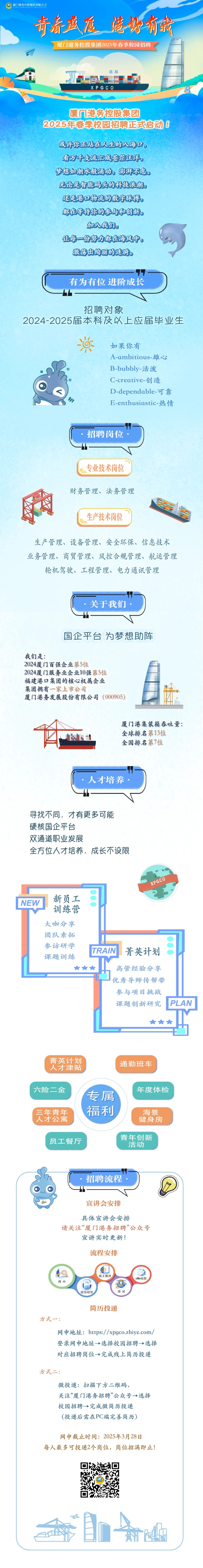 <p>厦门港务控股集团有限公司</p>
<p>青着盛区港好有我</p>
<p>厦门港务控股集团2025年春季校园招聘</p>
<p>厦门港务控股集团</p>
<p>2025年春季校园招聘正式启动!</p>
<p>或许你正站在人生的入海口，<br/>看万千支流汇成苍茫汪洋，<br/>梦想如潮水般涌动，澎湃不息。<br/>无论是智能码头的科技浪潮，<br/>还是港口物流的数字脉搏，<br/>都在等待你的参与和创新。</p>
<p>加入我们，</p>
<p>让每一份努力都在海风中，</p>
<p>激荡出绚丽的连漪。</p>
<p>有为有位进阶成长</p>
<p>招聘对象</p>
<p>2024-2025届本科及以上应届毕业生</p>
<p>如果你有</p>
<p>A-ambitious-雄心<br/>B-bubbly-活泼<br/>C-creative-创造<br/>D-dependable-可靠<br/>E-enthusiastic-热情</p>
<p>招聘岗位·</p>
<p>专业技术岗位<br/>财务管理、法务管理</p>
<p>生产技术岗位</p>
<p>生产管理、设备管理、安全环保、信息技术<br/>业务管理、商贸管理、风控合规管理、航运管理<br/>轮机驾驶、工程管理、电力通讯管理</p>
<p>关于我们</p>
<p>国企平台为梦想助阵</p>
<p>我们是:</p>
<p>2024厦门百强企业第5位</p>
<p>2024厦门服务业企业10强第5位<br/>福建港口集团的核心权属企业<br/>集团拥有一家上市公司</p>
<p>厦门港务发展股份有限公司<br/>(000905)</p>
<p>厦门港集装箱吞吐量:<br/>全球排名第13位</p>
<p>全国排名第7位</p>
<p>人才培养</p>
<p>寻找不同，才有更多可能<br/>硬核国企平台</p>
<p>双通道职业发展</p>
<p>全方位人才培养，成长不设限</p>
<p>XPGCO</p>
<p>NEW</p>
<p>新员工</p>
<p>训练营<br/>大咖分享<br/>团队素拓<br/>参访研学<br/>课题训练</p>
<p>TRAIN</p>
<p>菁英计划</p>
<p>高管经验分享<br/>优秀导师传帮带<br/>参与项目挑战<br/>课题创新研究</p>
<p>PLAN</p>
<p>菁英计划<br/>人才津贴</p>
<p>通勤班车</p>
<p>六险二金</p>
<p>三年青年<br/>人才公寓</p>
<p>专属</p>
<p>福利</p>
<p>年度体检</p>
<p>海景<br/>健身房</p>
<p>员工餐厅</p>
<p>青年创新</p>
<p>活动</p>
<p>招聘流程</p>
<p>宣讲会安排</p>
<p>具体宣讲会安排</p>
<p>请关注“厦门港务招聘”公众号</p>
<p>宣讲实时更新!</p>
<p>流程安排</p>
<p>网申</p>
<p>简历初筛</p>
<p>线上测评</p>
<p>面试</p>
<p>offer发放</p>
<p>简历投递</p>
<p>方式一</p>
<p>网申地址:https://xpgco.zhiye.com/<br/>登录网申地址→选择校园招聘→选择<br/>对应招聘岗位→完成线上简历投递</p>
<p>方式二:</p>
<p>微投递:扫描下方二维码，</p>
<p>关注“厦门港务招聘”公众号→选择<br/>校园招聘→完成微简历投递</p>
<p>(投递后需在PC端完善简历)</p>
<p>网申截止时间:2025年3月28日</p>
<p>每人最多可投递2个岗位，岗位招满即止!</p>
